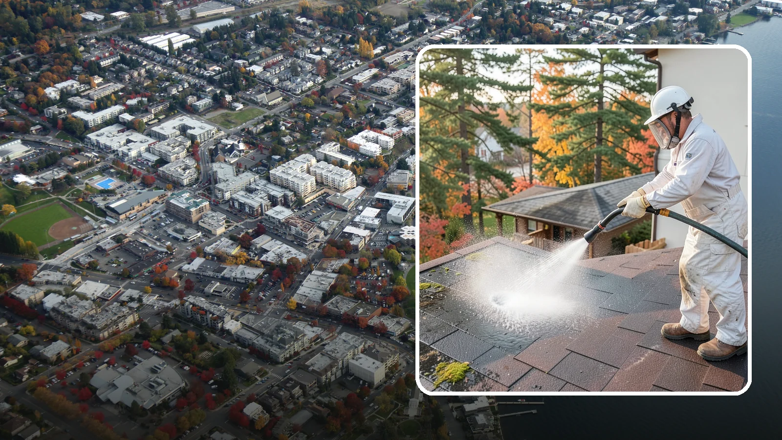 Roof Black Streak Removal in Kirkland, King County, WA - Focused removal of the black gloeocapsa streaks that run down composition roofs throughout the region.