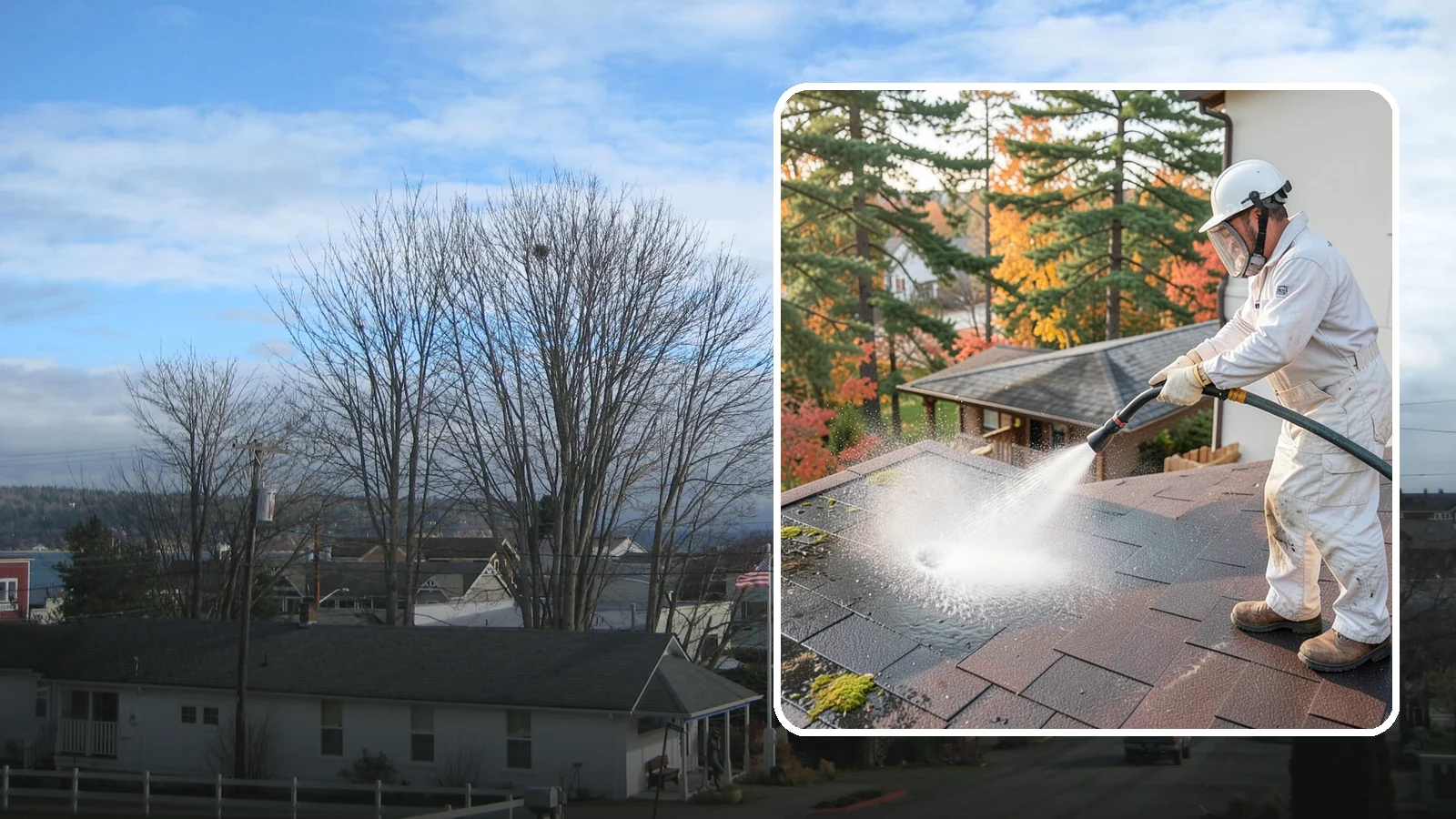 Roof Black Streak Removal in Langley, Island County, WA - Focused removal of the black gloeocapsa streaks that run down composition roofs throughout the region.