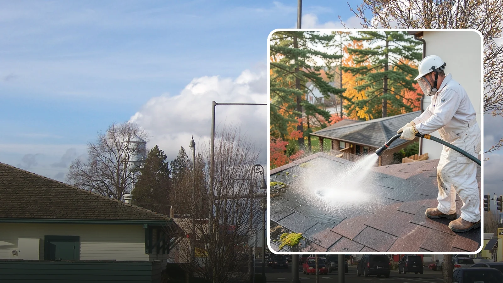 Roof Black Streak Removal in Marysville, Snohomish County, WA - Focused removal of the black gloeocapsa streaks that run down composition roofs throughout the region.