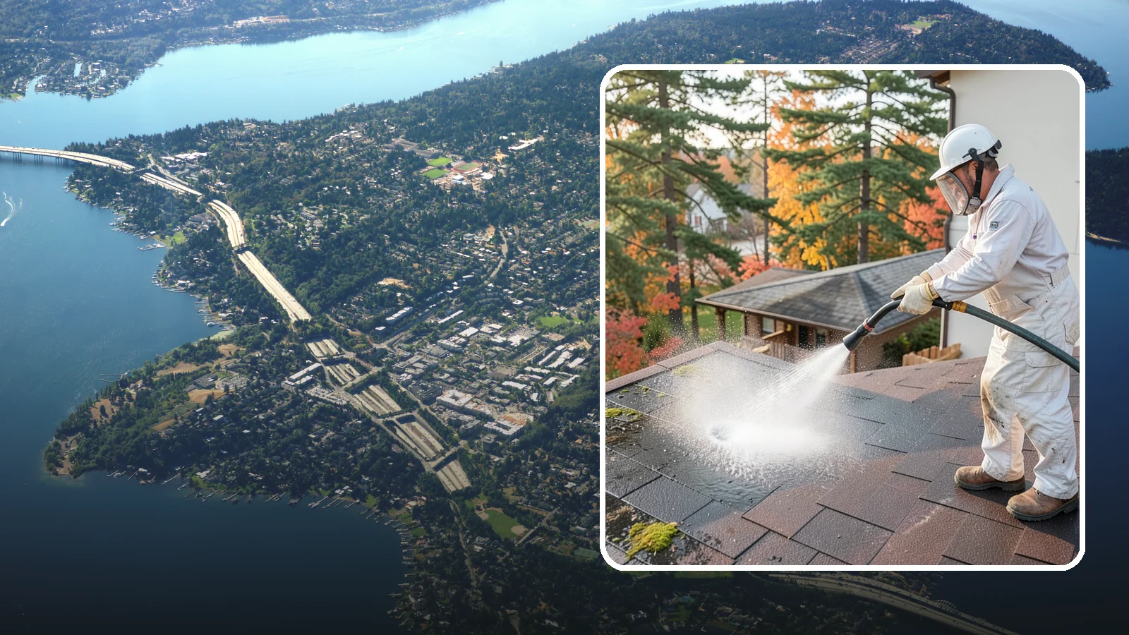 Roof Black Streak Removal in Mercer Island, King County, WA - Focused removal of the black gloeocapsa streaks that run down composition roofs throughout the region.
