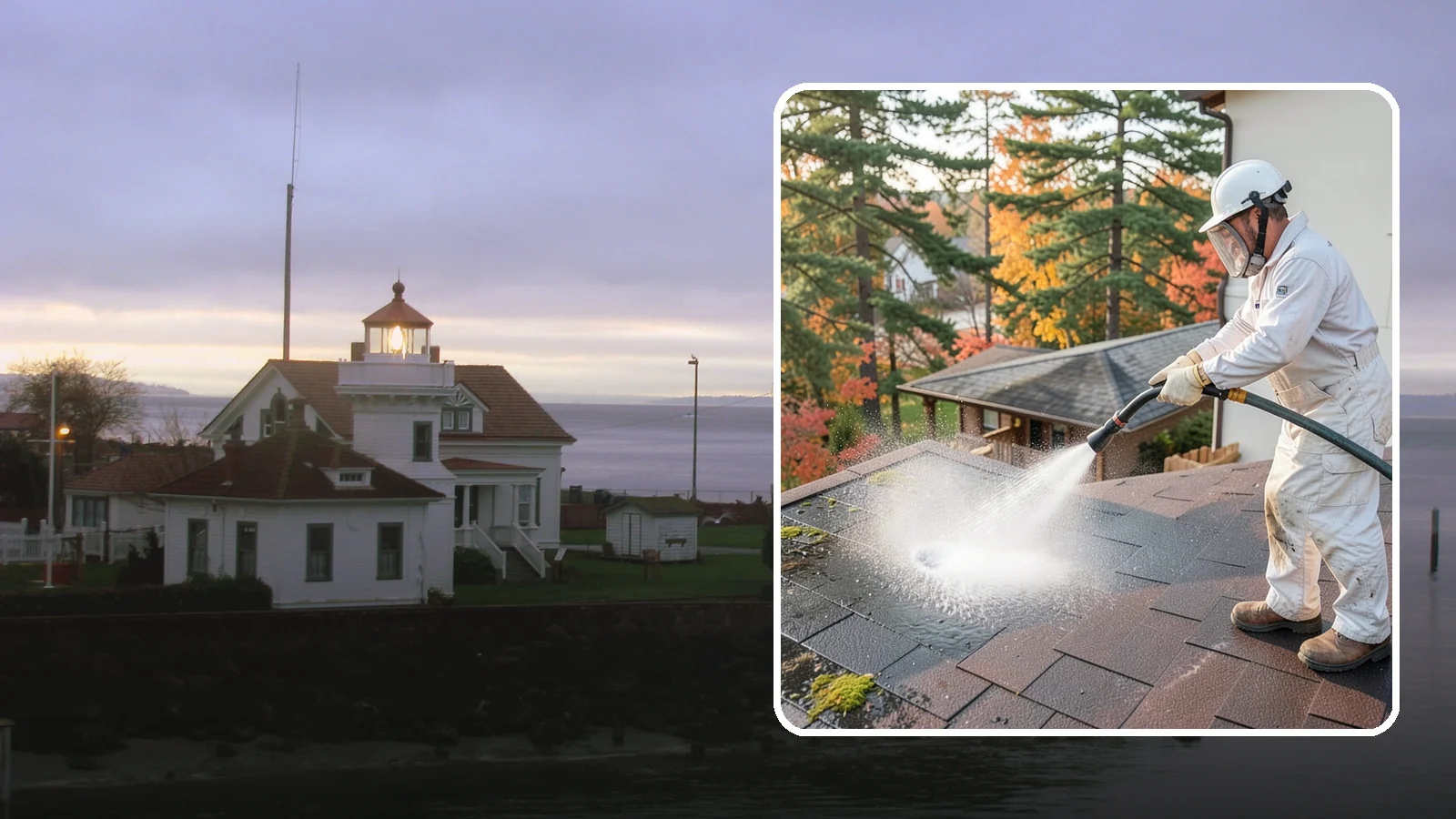 Roof Black Streak Removal in Mukilteo, Snohomish County, WA - Focused removal of the black gloeocapsa streaks that run down composition roofs throughout the region.