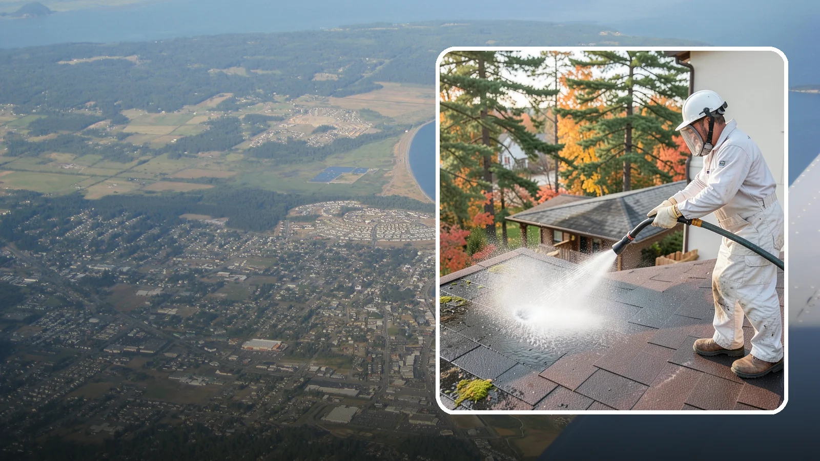 Roof Black Streak Removal in Oak Harbor, Island County, WA - Focused removal of the black gloeocapsa streaks that run down composition roofs throughout the region.