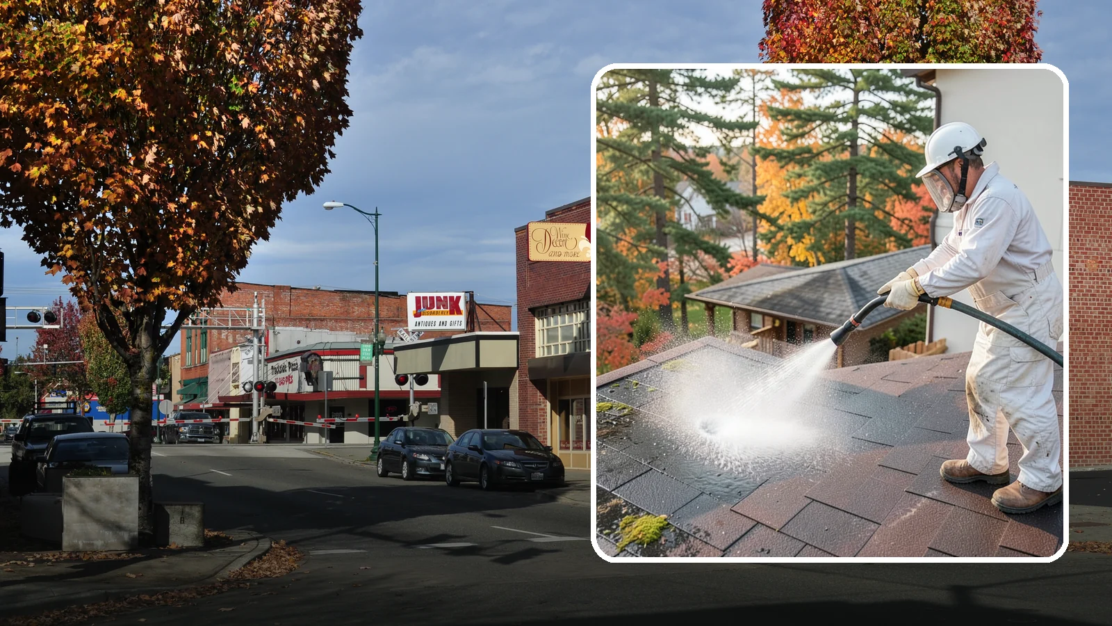 Roof Black Streak Removal in Puyallup, Pierce County, WA - Focused removal of the black gloeocapsa streaks that run down composition roofs throughout the region.