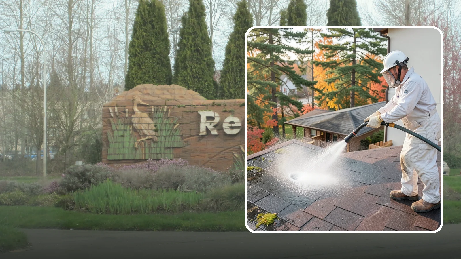 Roof Black Streak Removal in Renton, King County, WA - Focused removal of the black gloeocapsa streaks that run down composition roofs throughout the region.