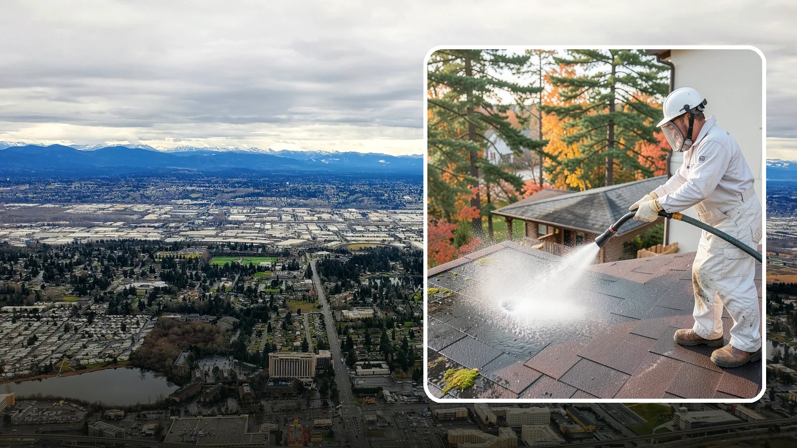 Roof Black Streak Removal in SeaTac, King County, WA - Focused removal of the black gloeocapsa streaks that run down composition roofs throughout the region.