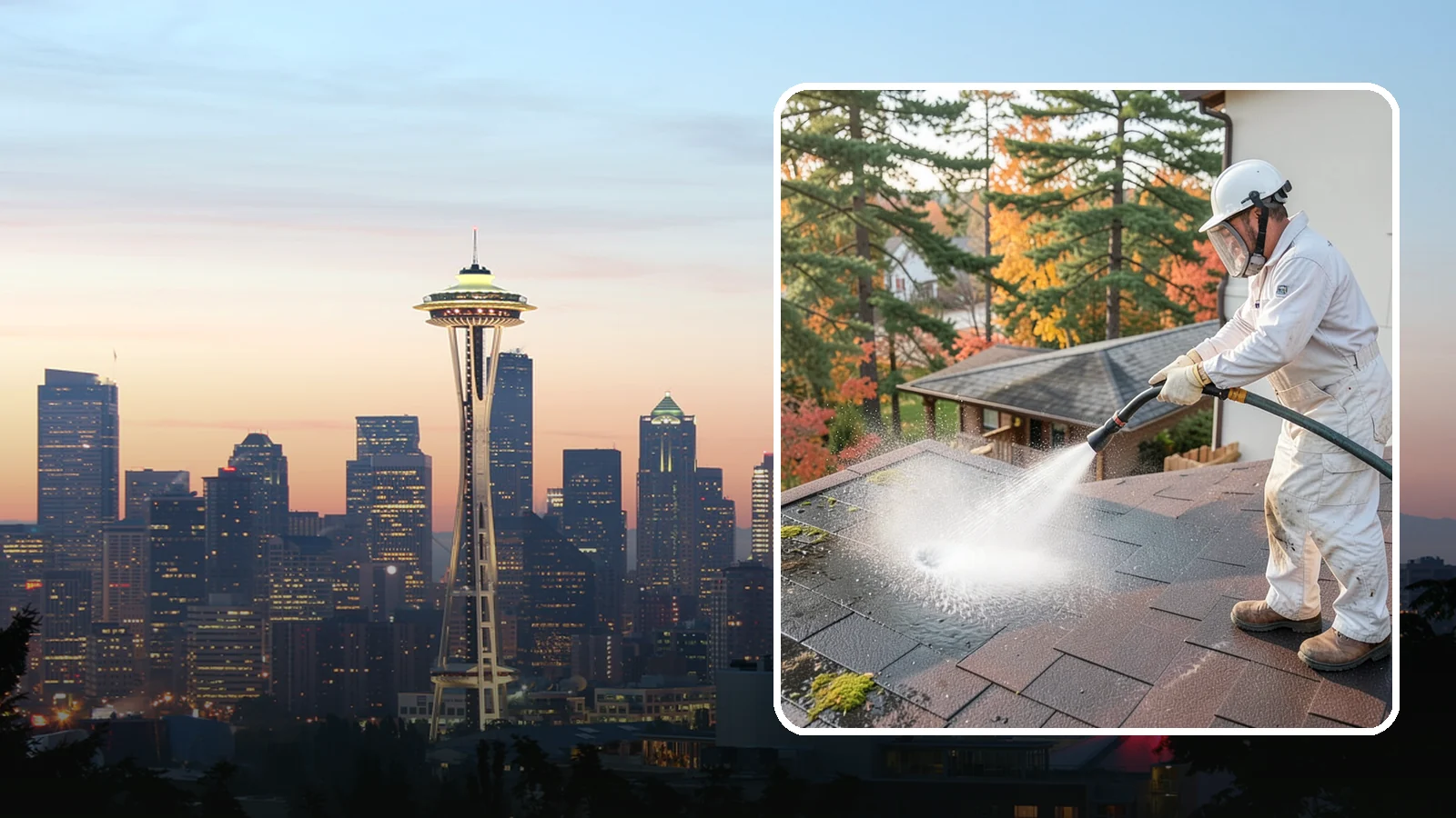 Roof Black Streak Removal in Seattle, King County, WA - Focused removal of the black gloeocapsa streaks that run down composition roofs throughout the region.