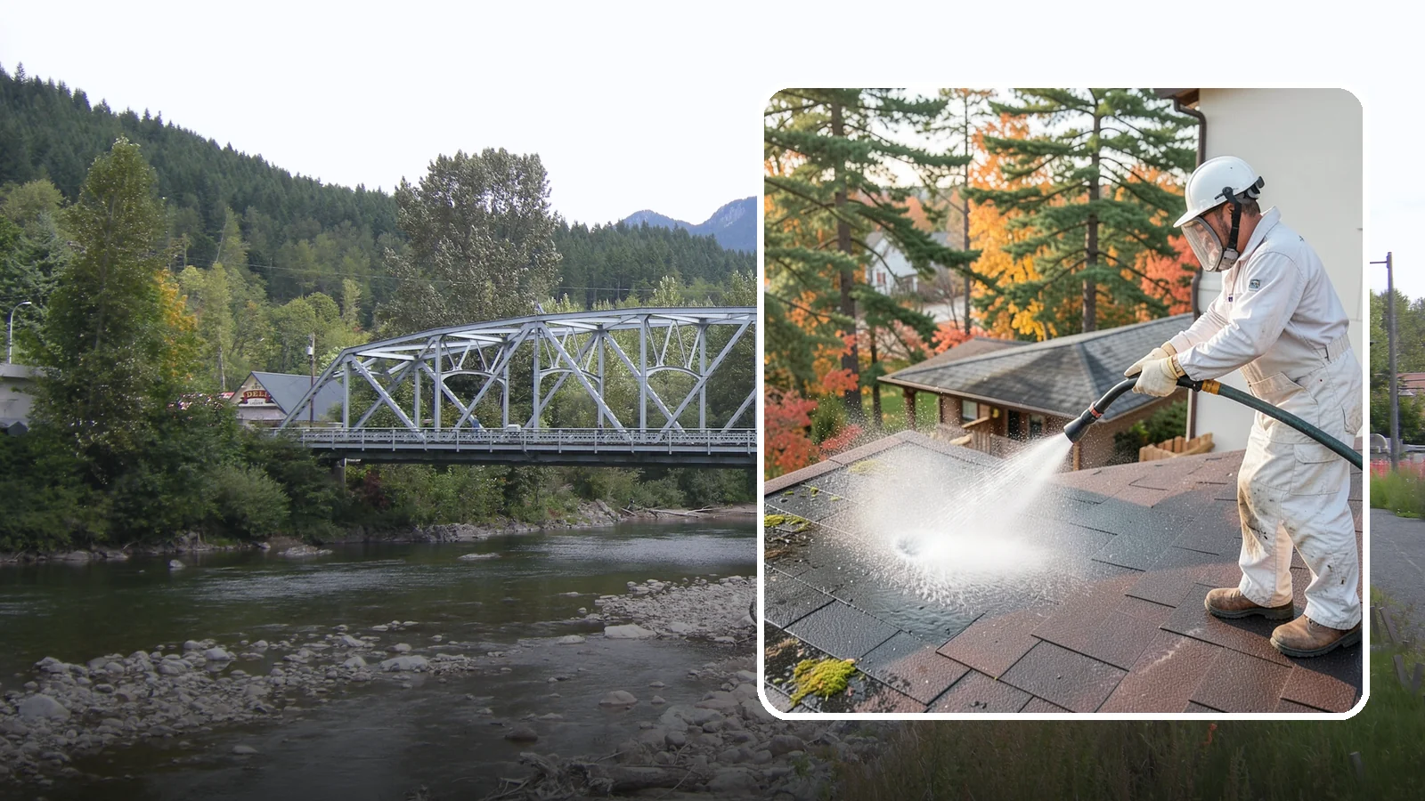 Roof Black Streak Removal in Skykomish, King County, WA - Focused removal of the black gloeocapsa streaks that run down composition roofs throughout the region.