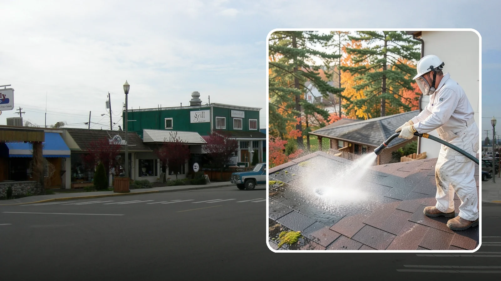 Roof Black Streak Removal in Stanwood, Snohomish County, WA - Focused removal of the black gloeocapsa streaks that run down composition roofs throughout the region.