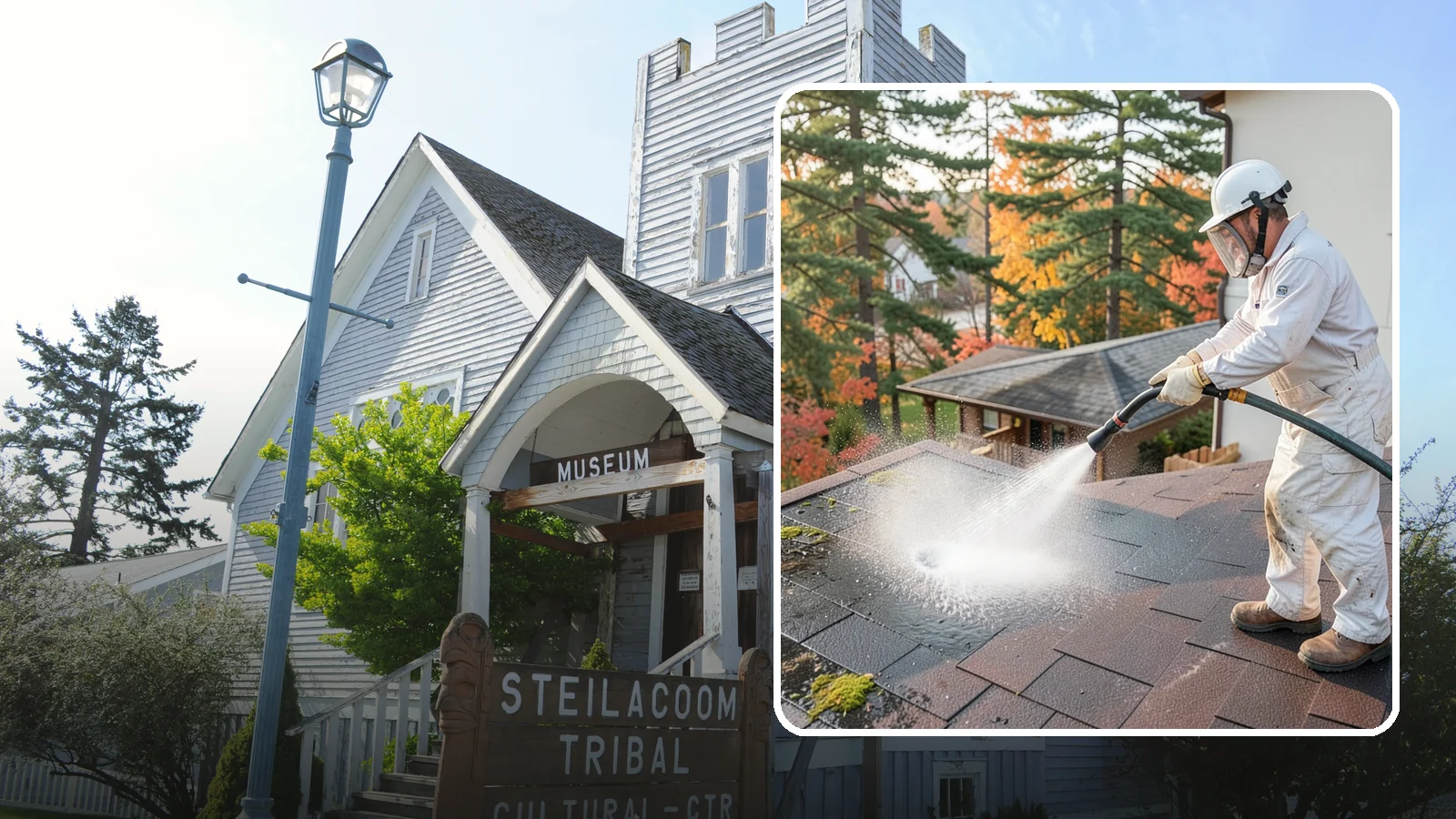 Roof Black Streak Removal in Steilacoom, Pierce County, WA - Focused removal of the black gloeocapsa streaks that run down composition roofs throughout the region.