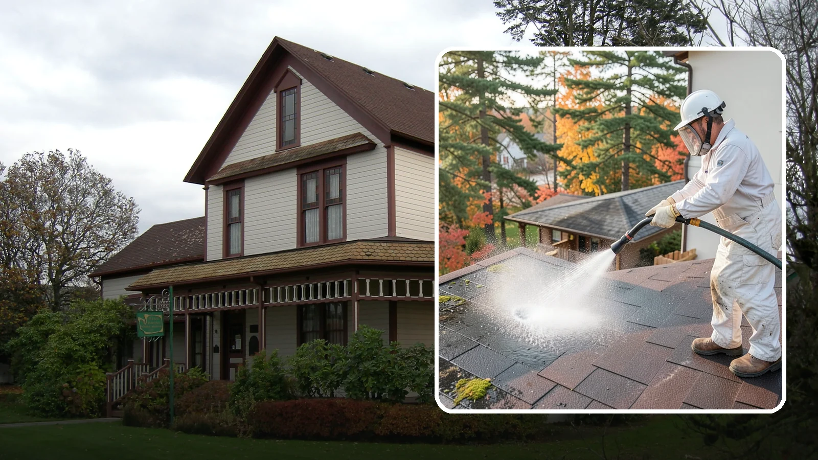 Roof Black Streak Removal in Sumner, Pierce County, WA - Focused removal of the black gloeocapsa streaks that run down composition roofs throughout the region.