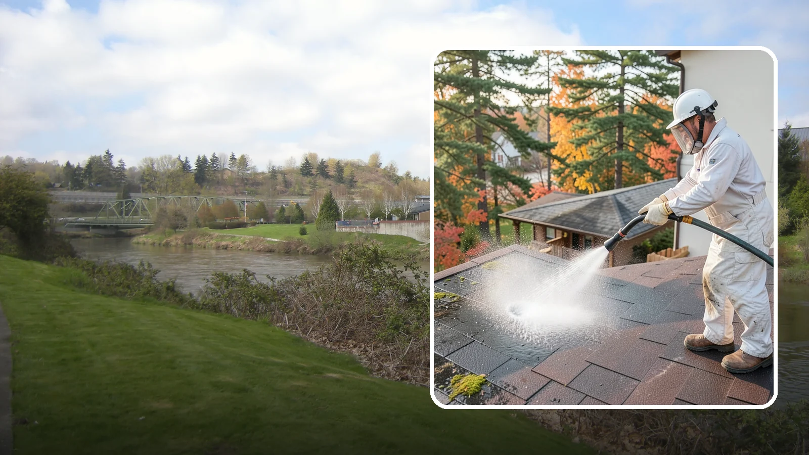 Roof Black Streak Removal in Tukwila, King County, WA - Focused removal of the black gloeocapsa streaks that run down composition roofs throughout the region.