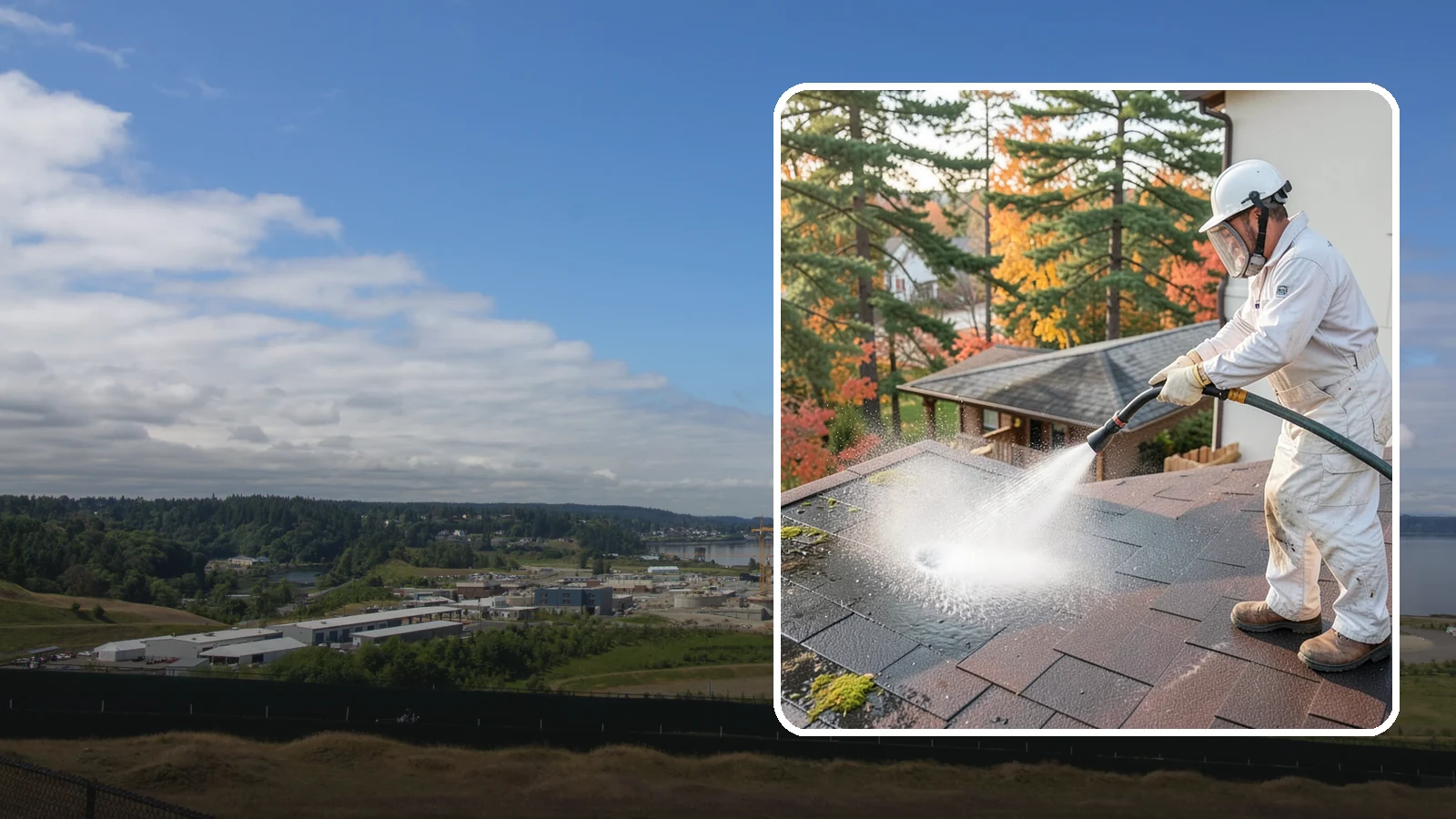 Roof Black Streak Removal in University Place, Pierce County, WA - Focused removal of the black gloeocapsa streaks that run down composition roofs throughout the region.