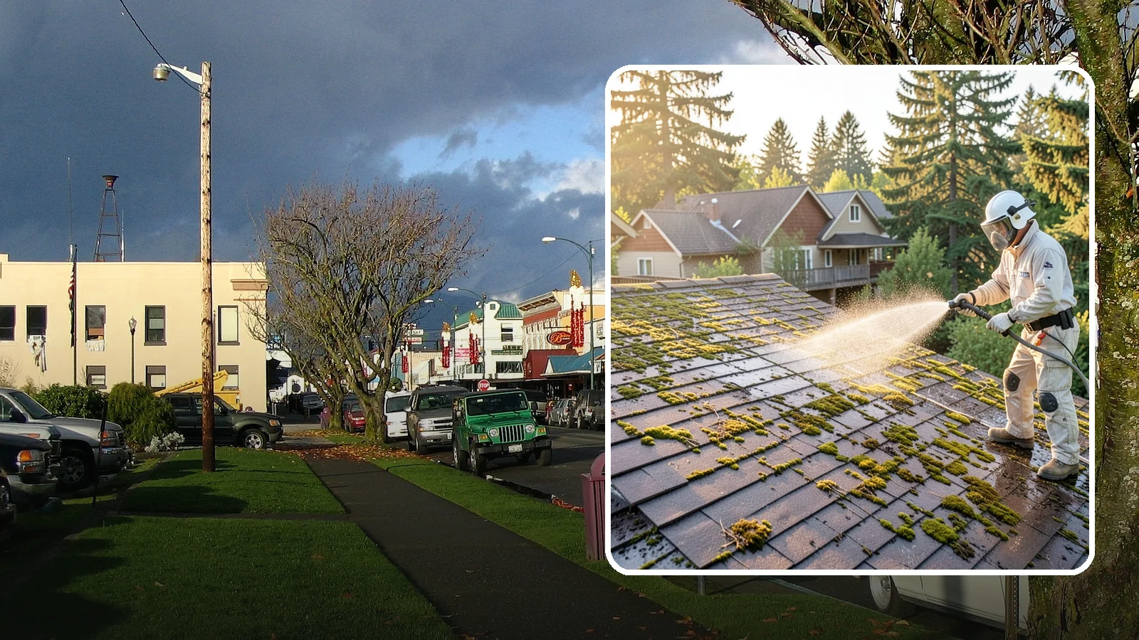 Roof Cleaning in Arlington, Snohomish County, WA - A thorough roof cleaning that lifts moss, algae, and lichen off Washington rooftops while protecting the shingle surface.