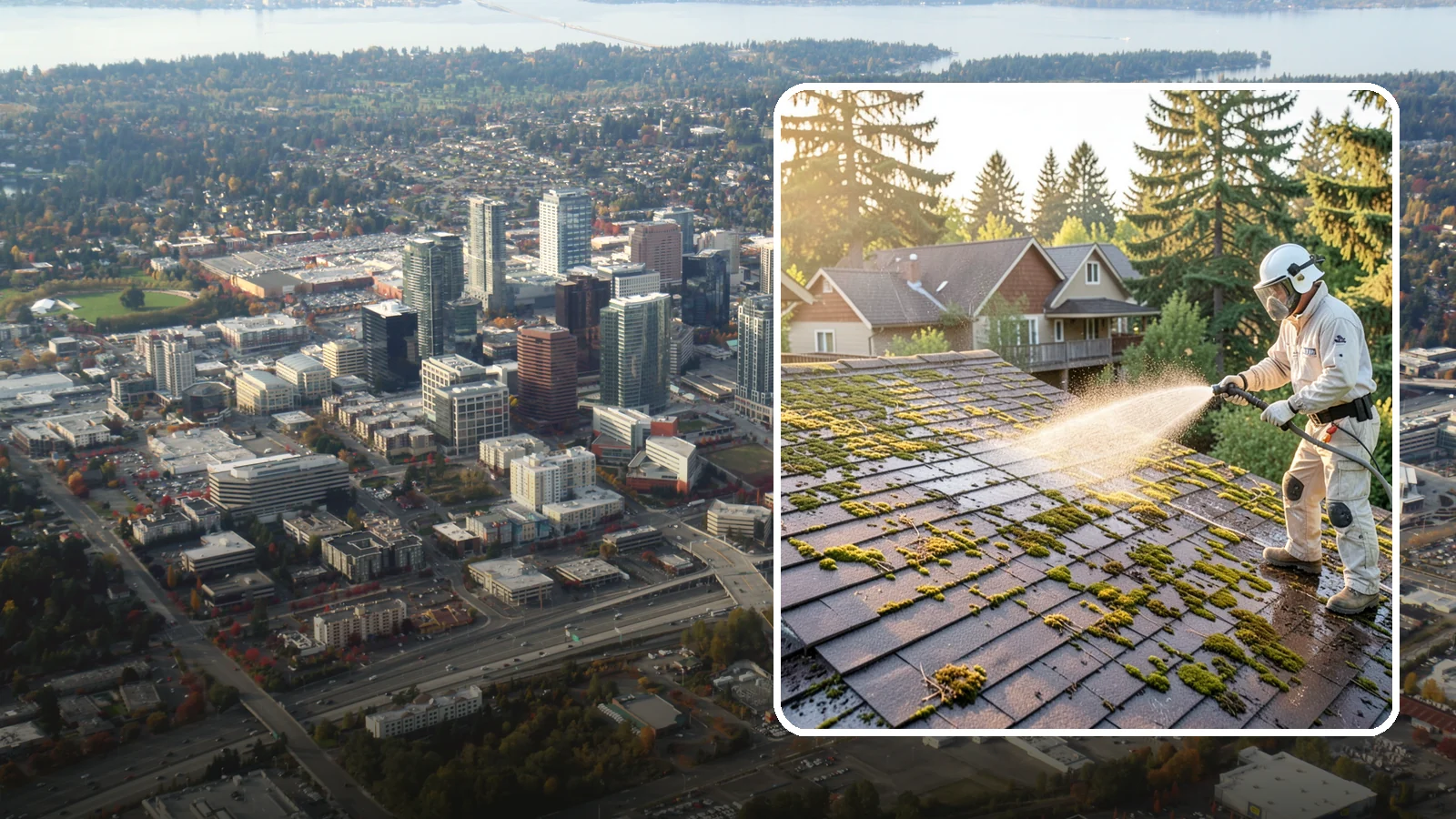Roof Cleaning in Bellevue, King County, WA - A thorough roof cleaning that lifts moss, algae, and lichen off Washington rooftops while protecting the shingle surface.
