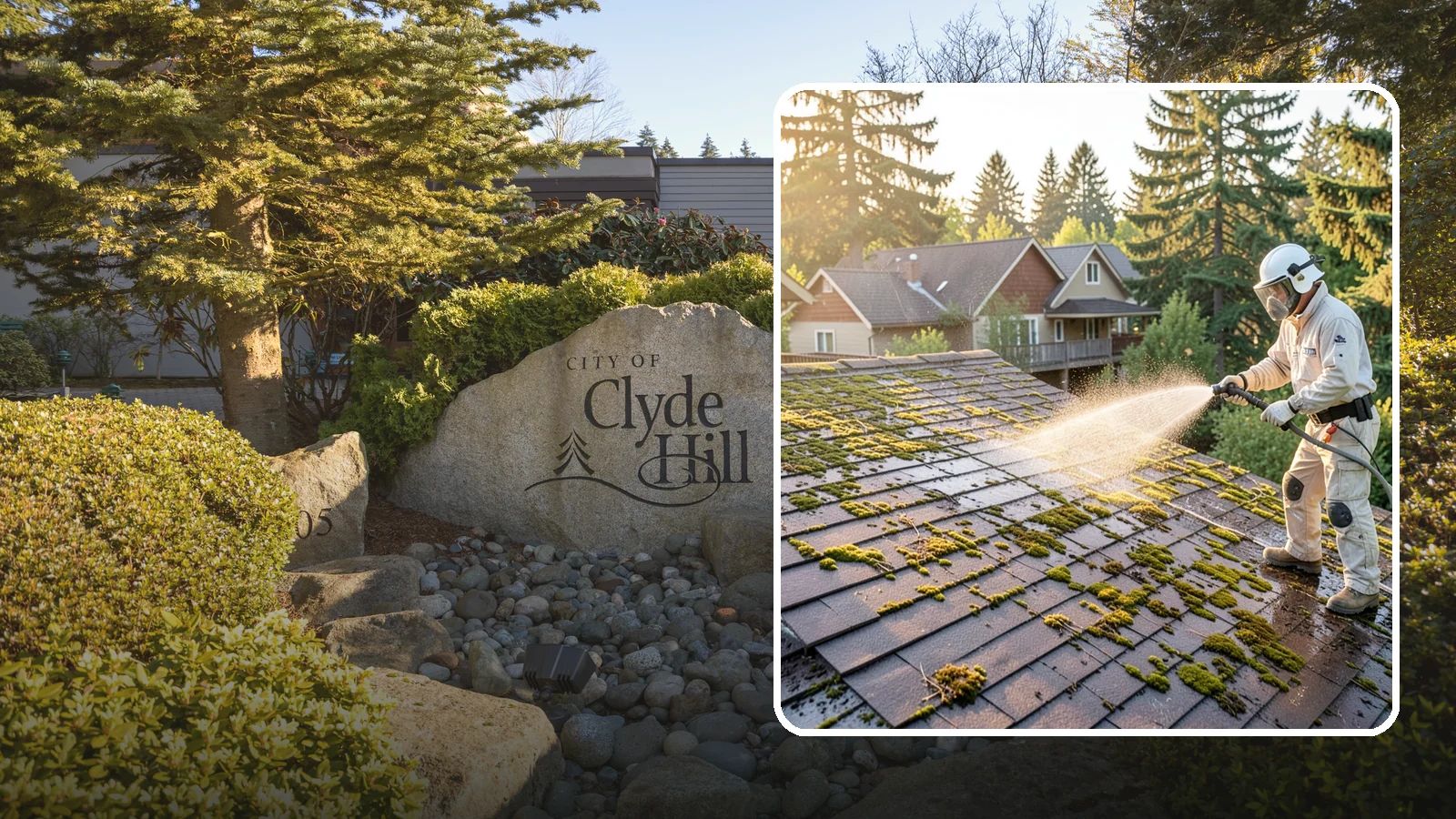 Roof Cleaning in Clyde Hill, King County, WA - A thorough roof cleaning that lifts moss, algae, and lichen off Washington rooftops while protecting the shingle surface.