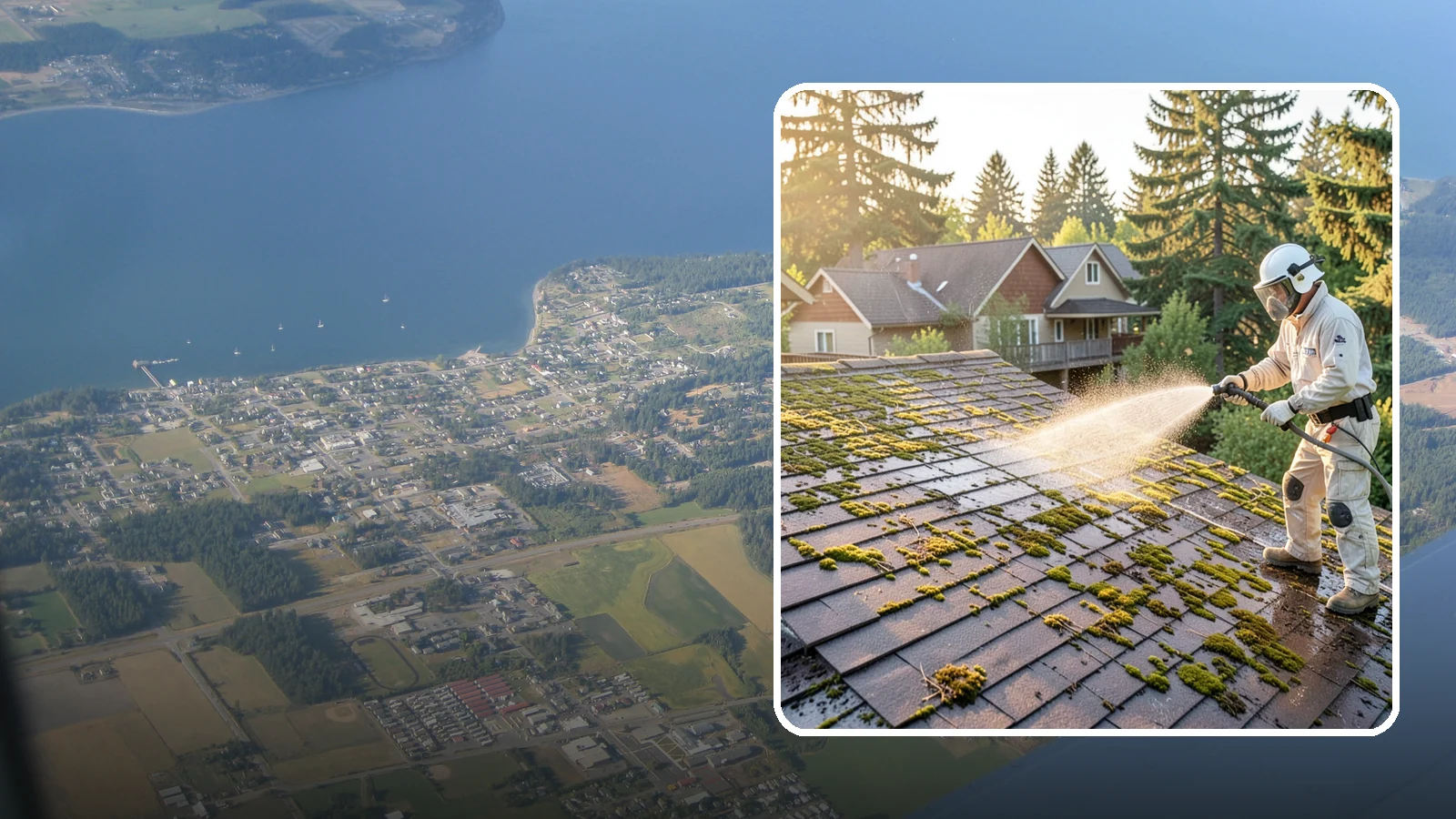 Roof Cleaning in Coupeville, Island County, WA - A thorough roof cleaning that lifts moss, algae, and lichen off Washington rooftops while protecting the shingle surface.