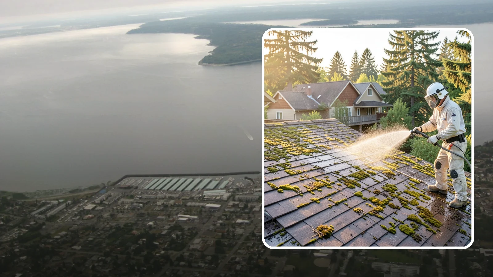 Roof Cleaning in Des Moines, King County, WA - A thorough roof cleaning that lifts moss, algae, and lichen off Washington rooftops while protecting the shingle surface.