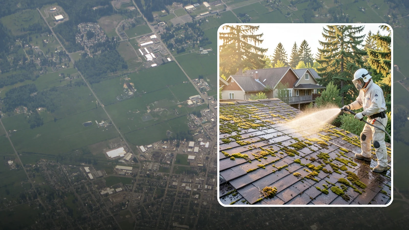 Roof Cleaning in Enumclaw, King County, WA - A thorough roof cleaning that lifts moss, algae, and lichen off Washington rooftops while protecting the shingle surface.