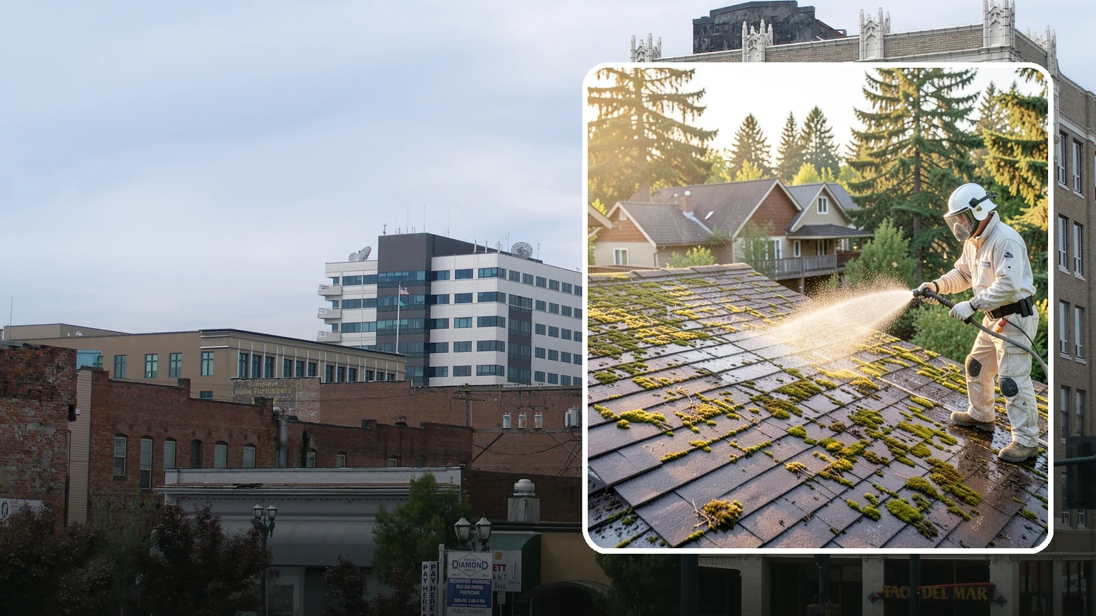 Roof Cleaning in Everett, Snohomish County, WA - A thorough roof cleaning that lifts moss, algae, and lichen off Washington rooftops while protecting the shingle surface.
