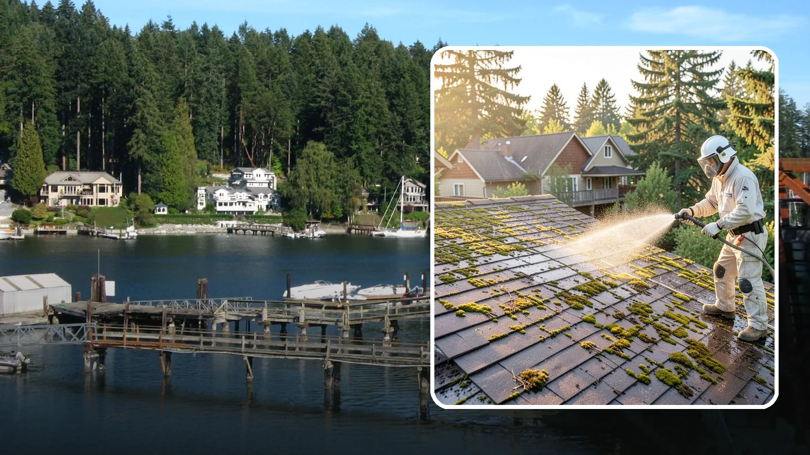 Roof Cleaning in Gig Harbor, Pierce County, WA - A thorough roof cleaning that lifts moss, algae, and lichen off Washington rooftops while protecting the shingle surface.