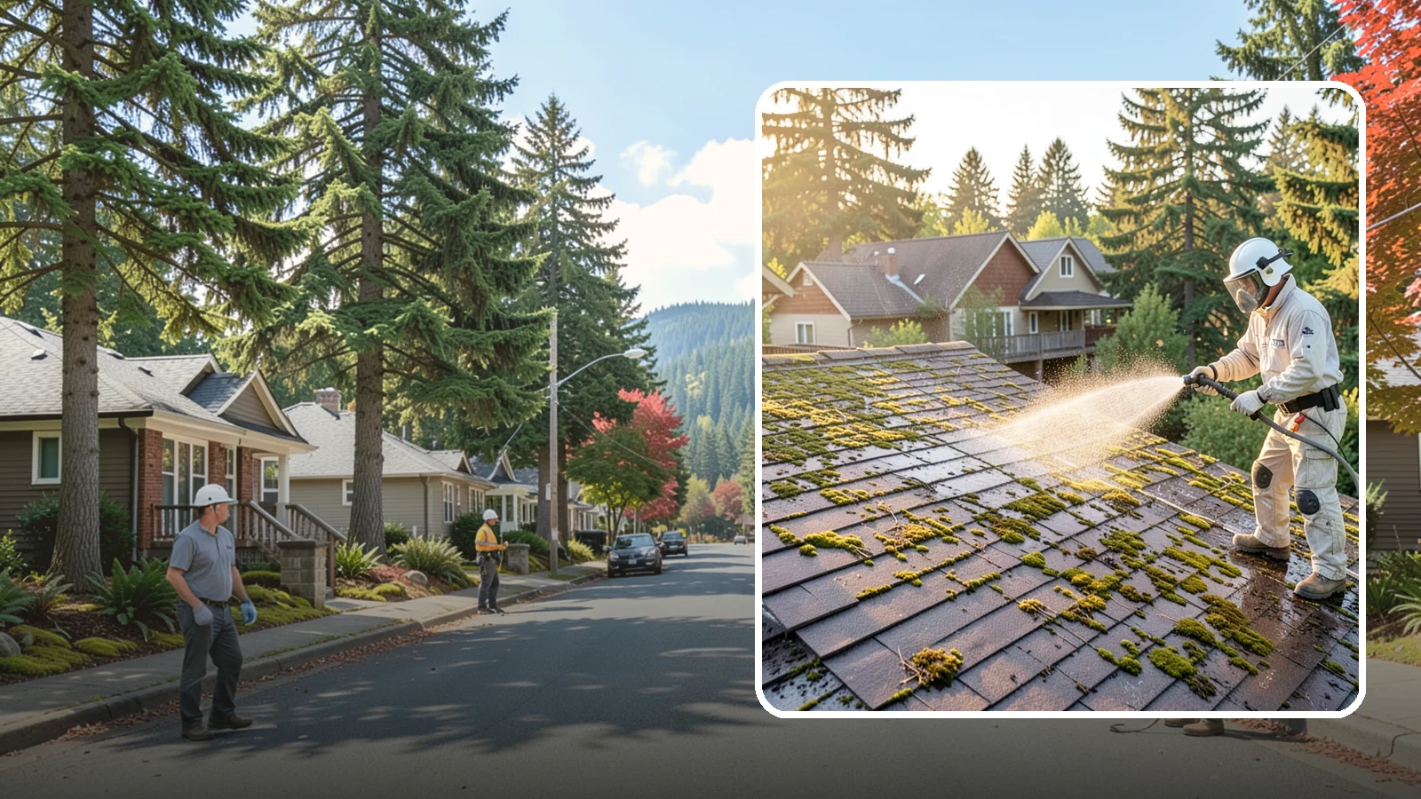 Roof Cleaning in Hunts Point, King County, WA - A thorough roof cleaning that lifts moss, algae, and lichen off Washington rooftops while protecting the shingle surface.