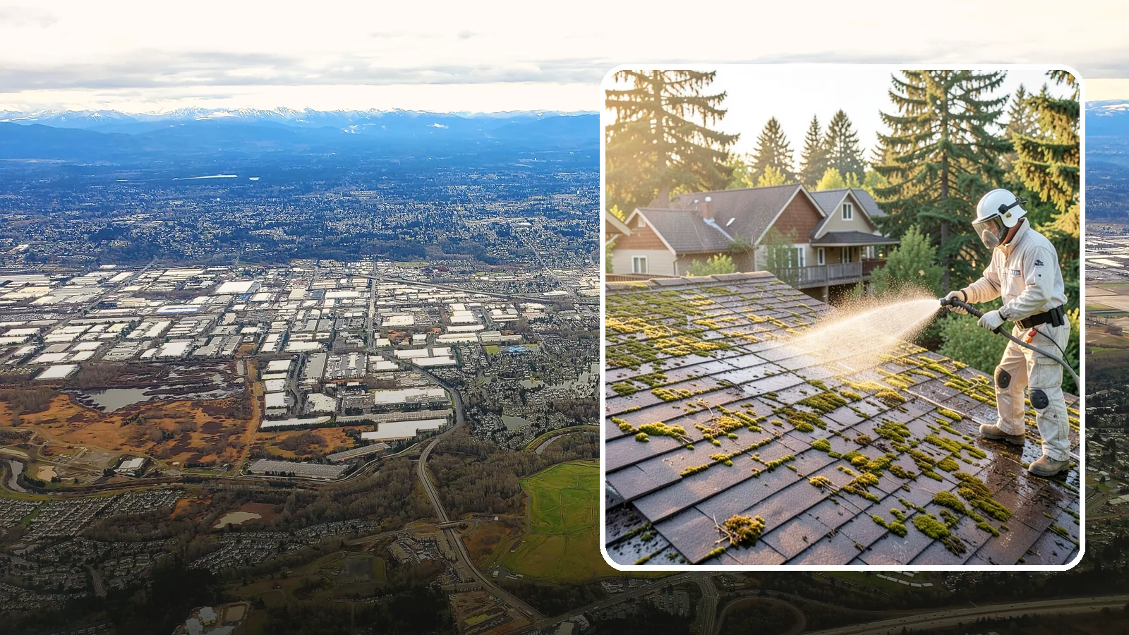 Roof Cleaning in Kent, King County, WA - A thorough roof cleaning that lifts moss, algae, and lichen off Washington rooftops while protecting the shingle surface.