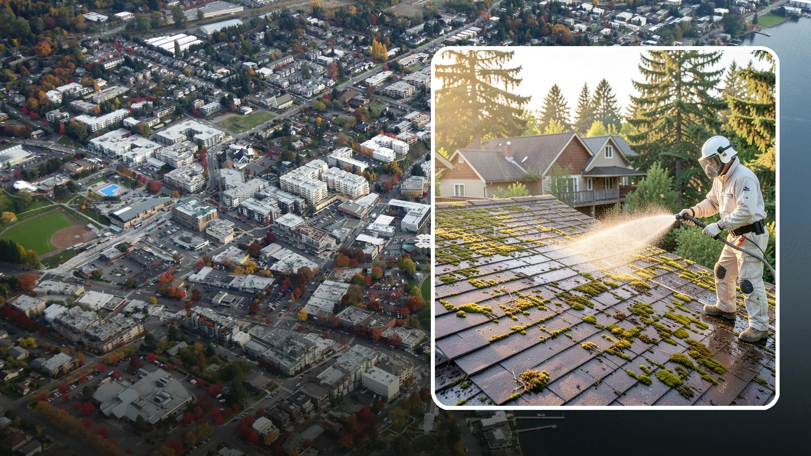 Roof Cleaning in Kirkland, King County, WA - A thorough roof cleaning that lifts moss, algae, and lichen off Washington rooftops while protecting the shingle surface.