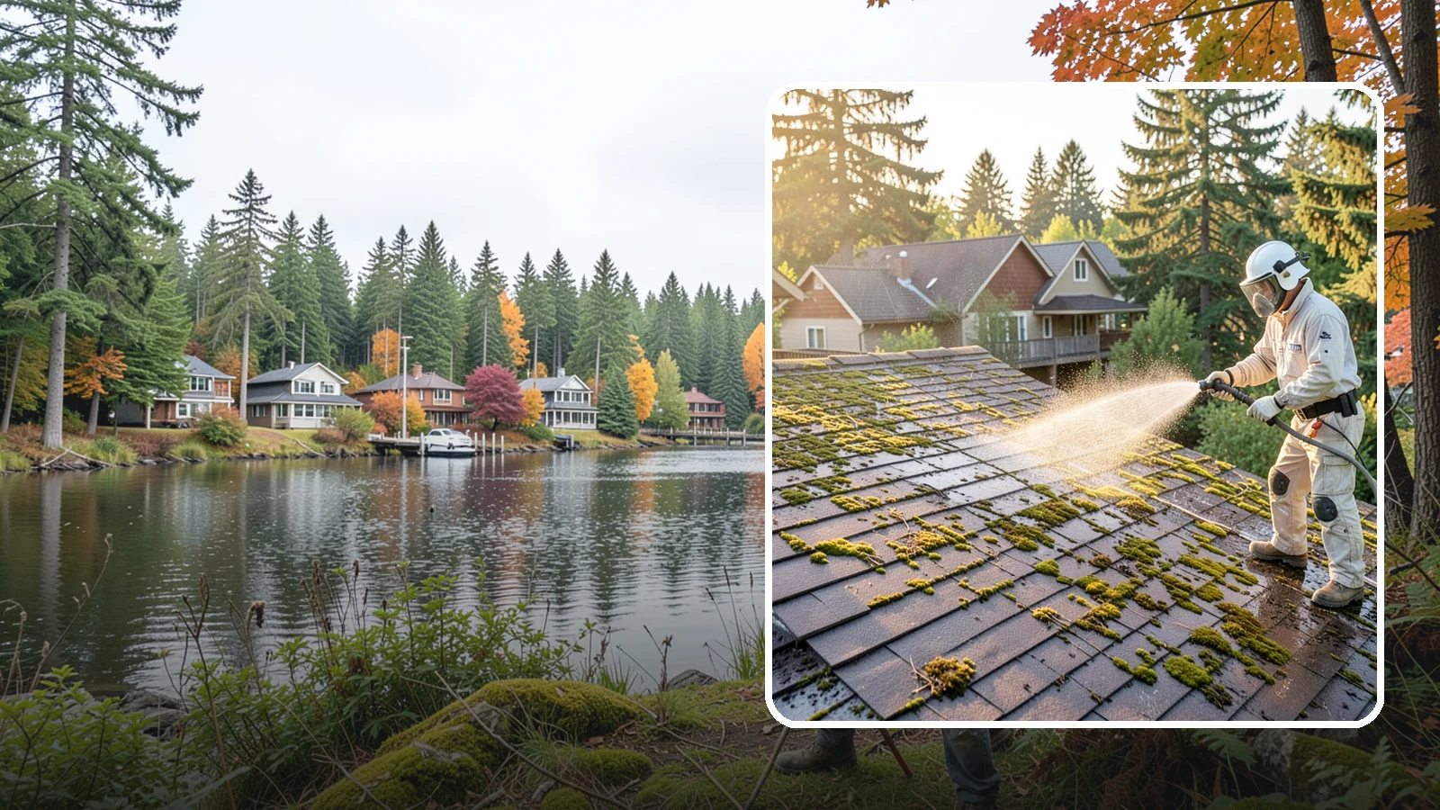 Roof Cleaning in La Conner, Skagit County, WA - A thorough roof cleaning that lifts moss, algae, and lichen off Washington rooftops while protecting the shingle surface.