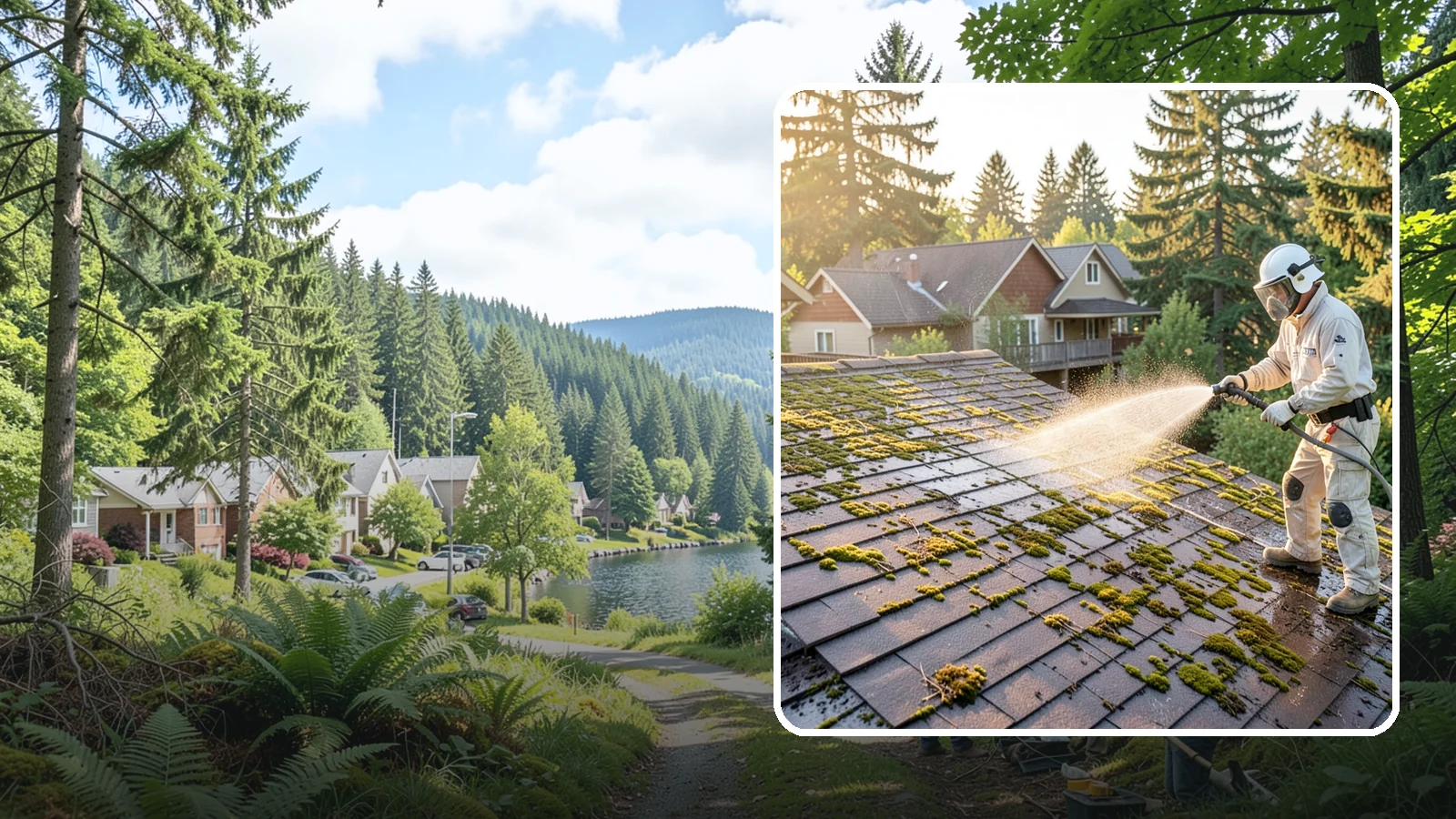 Roof Cleaning in Lake Forest Park, King County, WA - A thorough roof cleaning that lifts moss, algae, and lichen off Washington rooftops while protecting the shingle surface.
