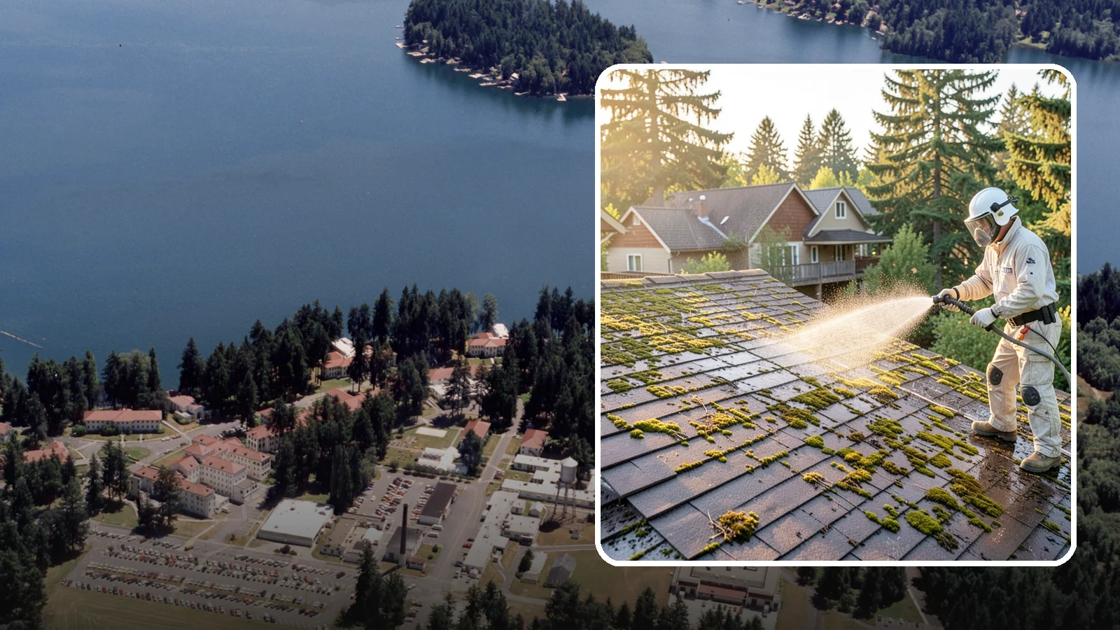Roof Cleaning in Lakewood, Pierce County, WA - A thorough roof cleaning that lifts moss, algae, and lichen off Washington rooftops while protecting the shingle surface.