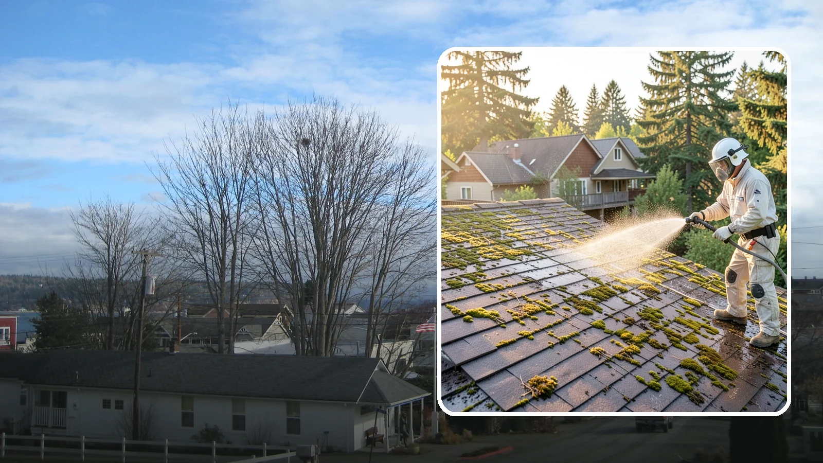 Roof Cleaning in Langley, Island County, WA - A thorough roof cleaning that lifts moss, algae, and lichen off Washington rooftops while protecting the shingle surface.
