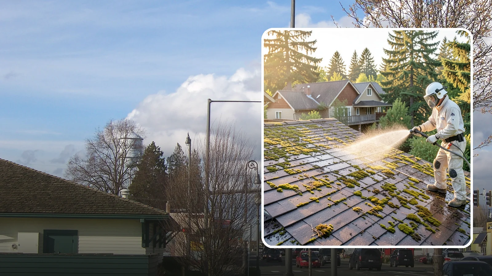 Roof Cleaning in Marysville, Snohomish County, WA - A thorough roof cleaning that lifts moss, algae, and lichen off Washington rooftops while protecting the shingle surface.
