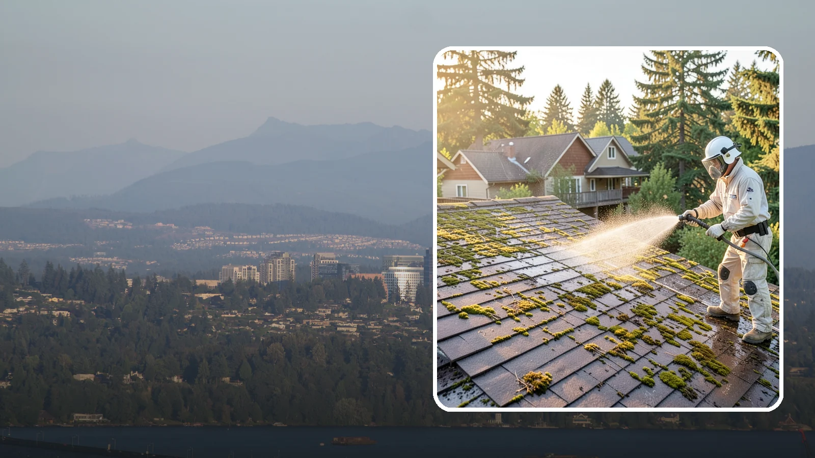 Roof Cleaning in Medina, King County, WA - A thorough roof cleaning that lifts moss, algae, and lichen off Washington rooftops while protecting the shingle surface.