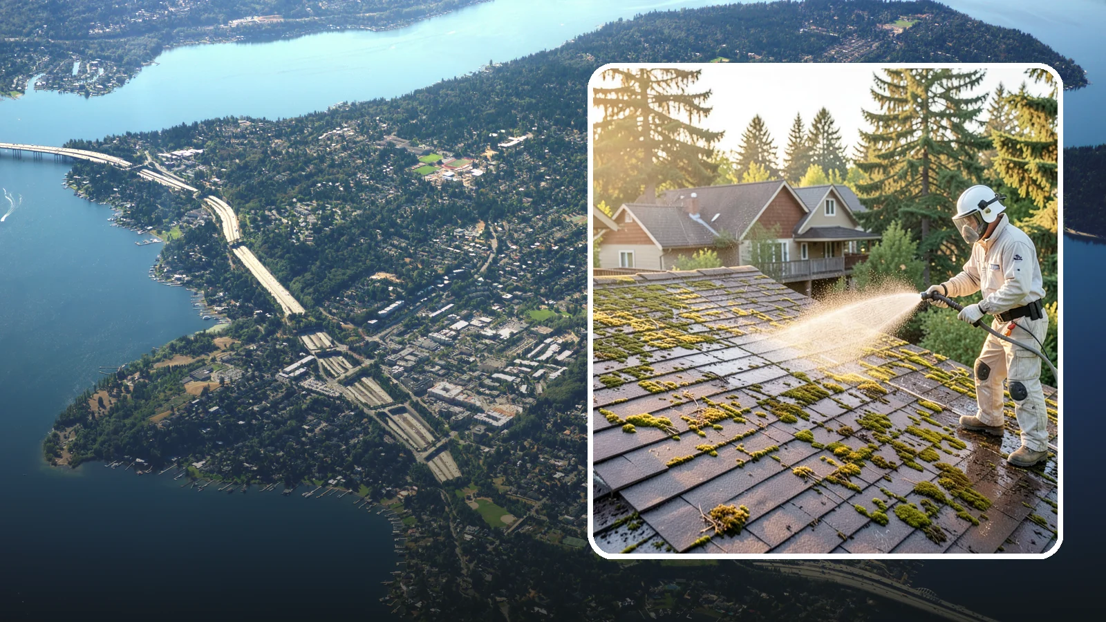 Roof Cleaning in Mercer Island, King County, WA - A thorough roof cleaning that lifts moss, algae, and lichen off Washington rooftops while protecting the shingle surface.