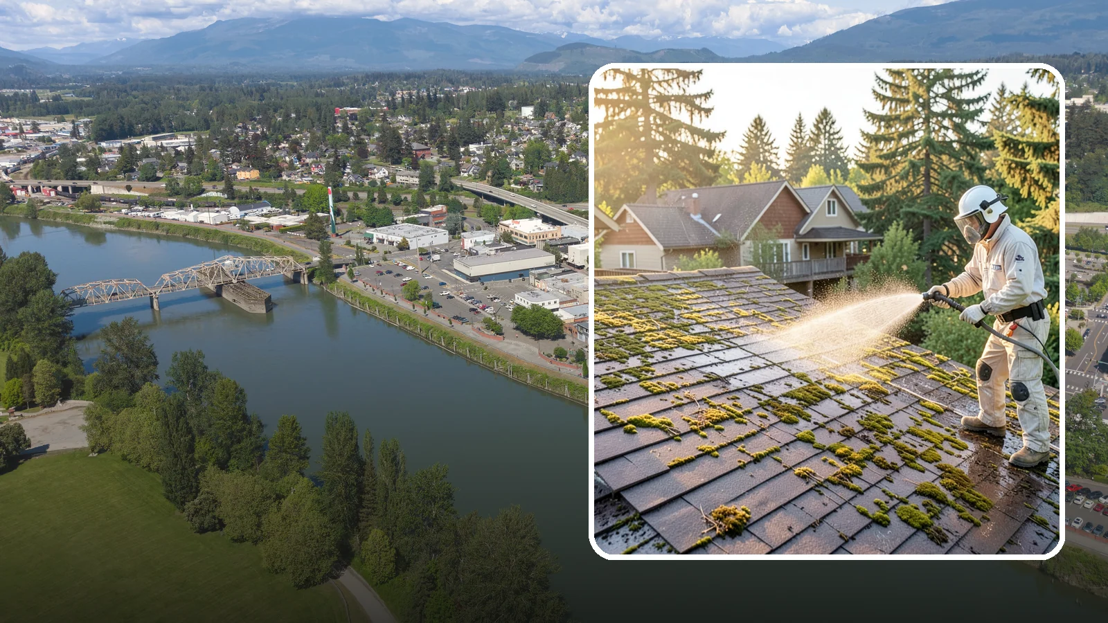 Roof Cleaning in Mount Vernon, Skagit County, WA - A thorough roof cleaning that lifts moss, algae, and lichen off Washington rooftops while protecting the shingle surface.