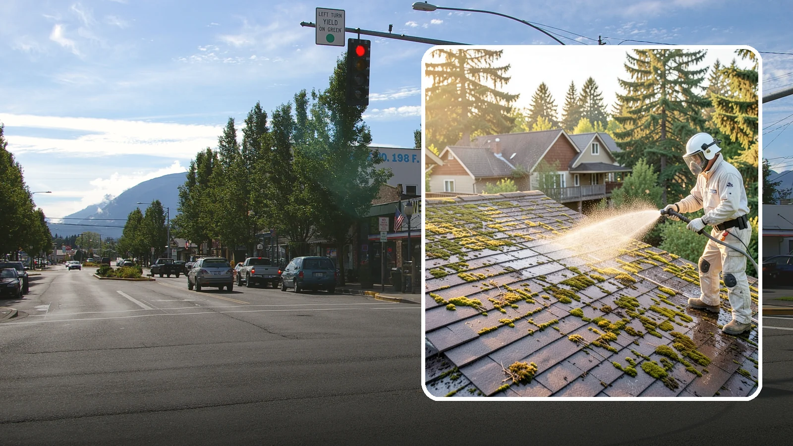 Roof Cleaning in North Bend, King County, WA - A thorough roof cleaning that lifts moss, algae, and lichen off Washington rooftops while protecting the shingle surface.