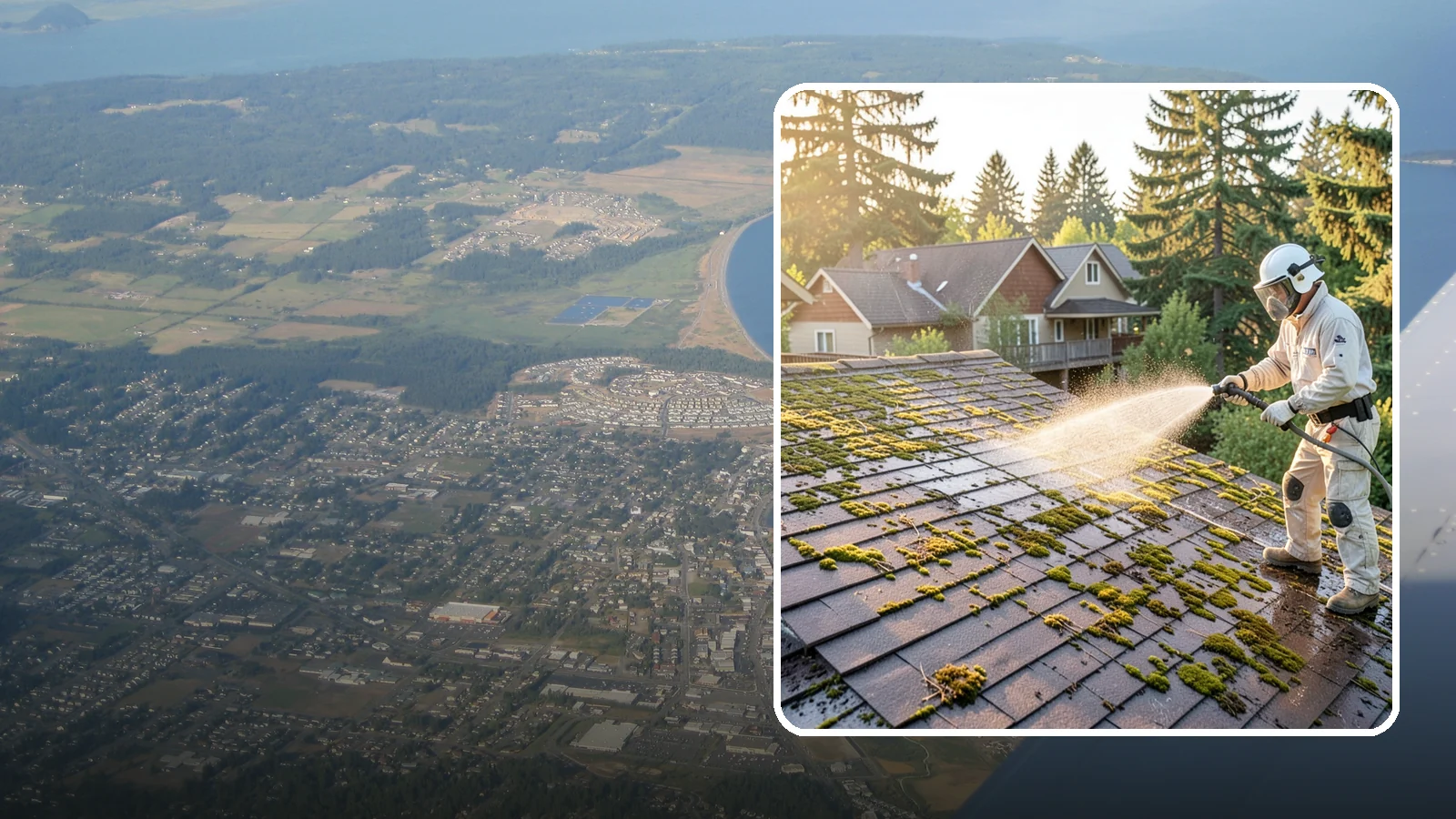 Roof Cleaning in Oak Harbor, Island County, WA - A thorough roof cleaning that lifts moss, algae, and lichen off Washington rooftops while protecting the shingle surface.