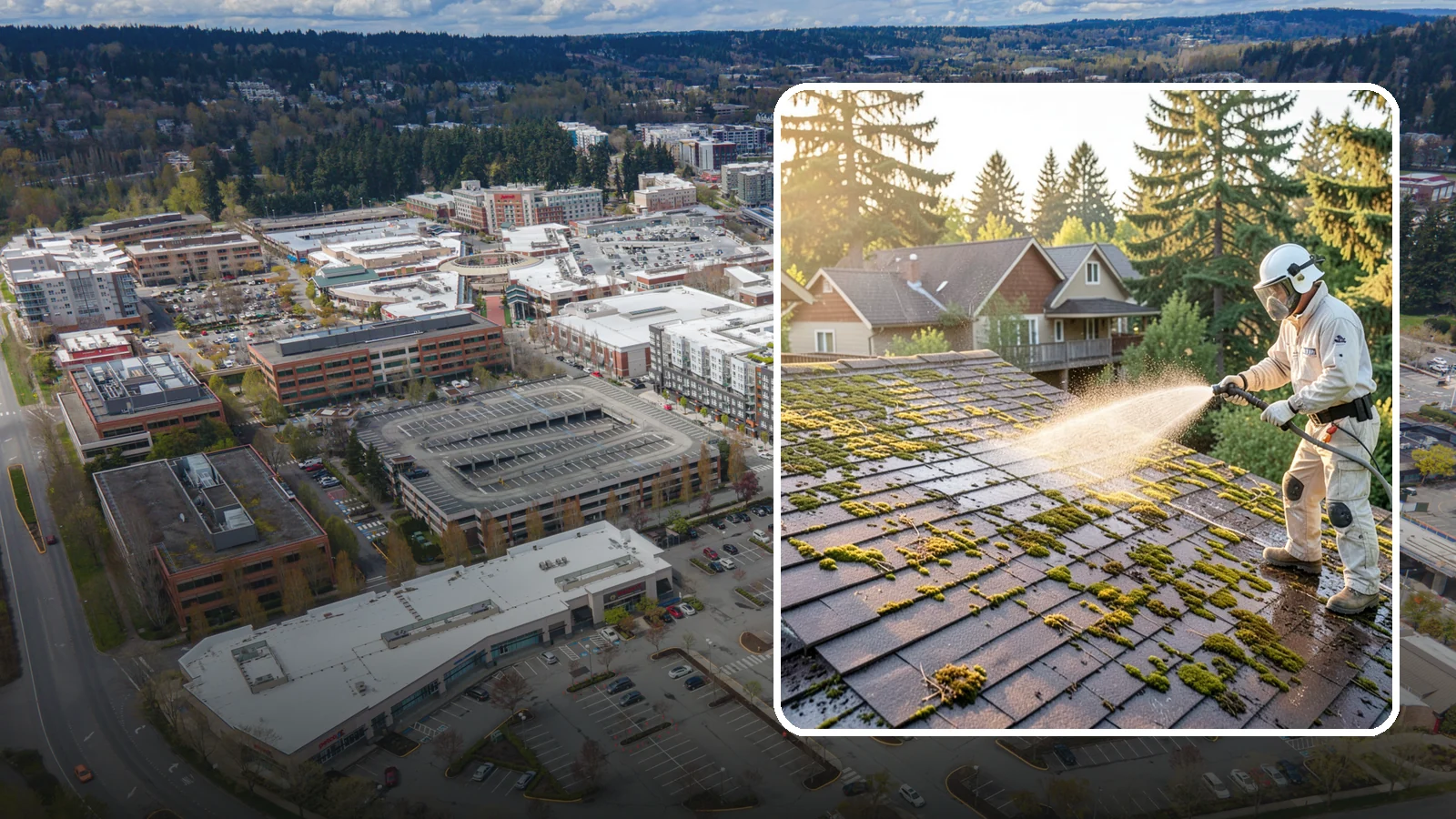 Roof Cleaning in Redmond, King County, WA - A thorough roof cleaning that lifts moss, algae, and lichen off Washington rooftops while protecting the shingle surface.