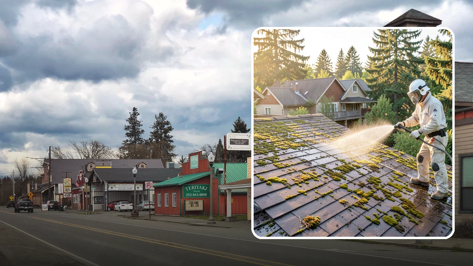 Roof Cleaning in Roy, Pierce County, WA - A thorough roof cleaning that lifts moss, algae, and lichen off Washington rooftops while protecting the shingle surface.