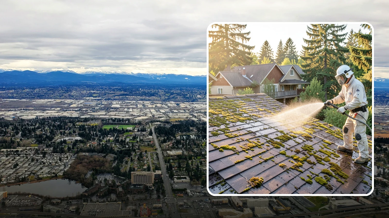 Roof Cleaning in SeaTac, King County, WA - A thorough roof cleaning that lifts moss, algae, and lichen off Washington rooftops while protecting the shingle surface.