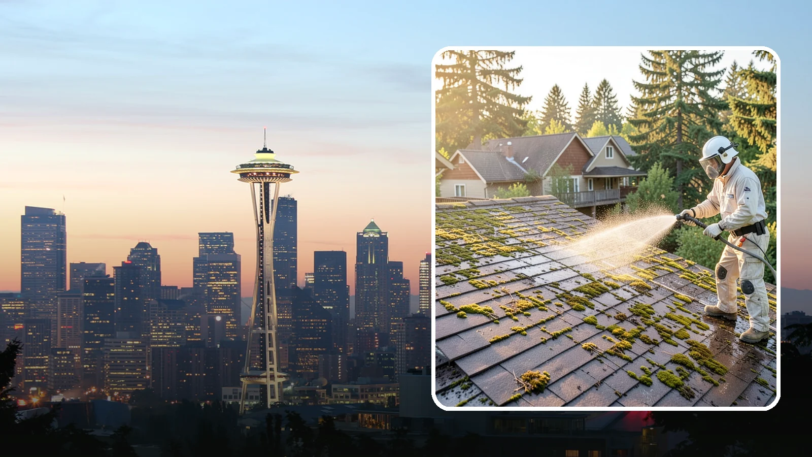 Roof Cleaning in Seattle, King County, WA - A thorough roof cleaning that lifts moss, algae, and lichen off Washington rooftops while protecting the shingle surface.
