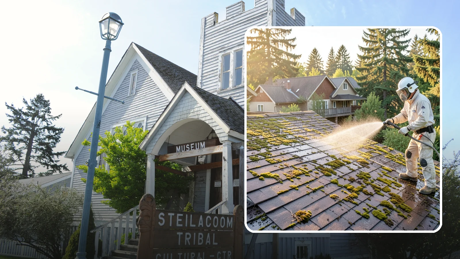 Roof Cleaning in Steilacoom, Pierce County, WA - A thorough roof cleaning that lifts moss, algae, and lichen off Washington rooftops while protecting the shingle surface.