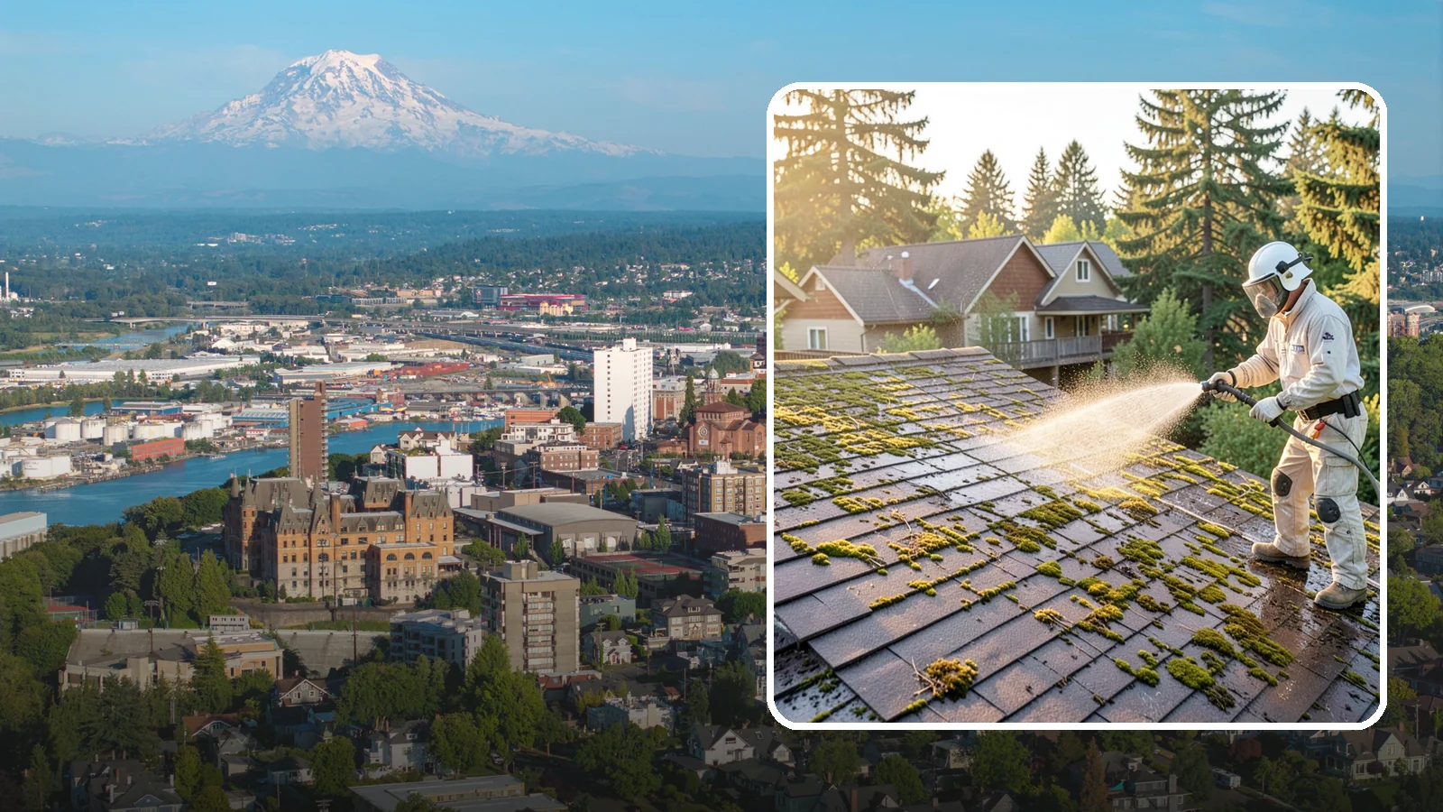 Roof Cleaning in Tacoma, Pierce County, WA - A thorough roof cleaning that lifts moss, algae, and lichen off Washington rooftops while protecting the shingle surface.