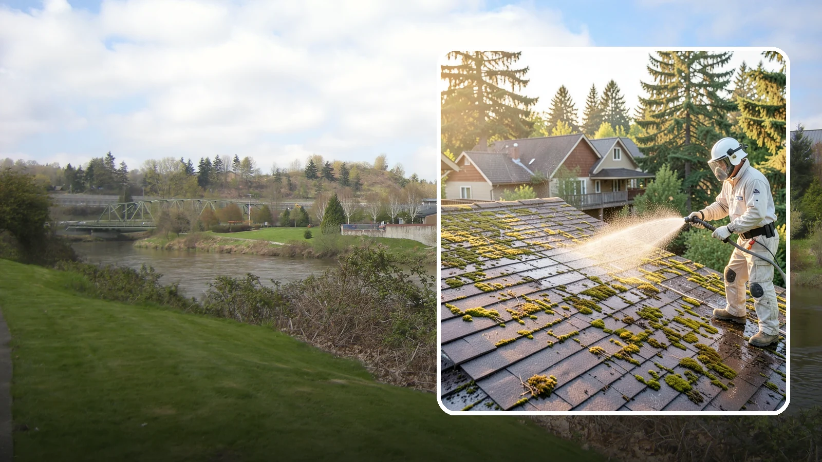 Roof Cleaning in Tukwila, King County, WA - A thorough roof cleaning that lifts moss, algae, and lichen off Washington rooftops while protecting the shingle surface.
