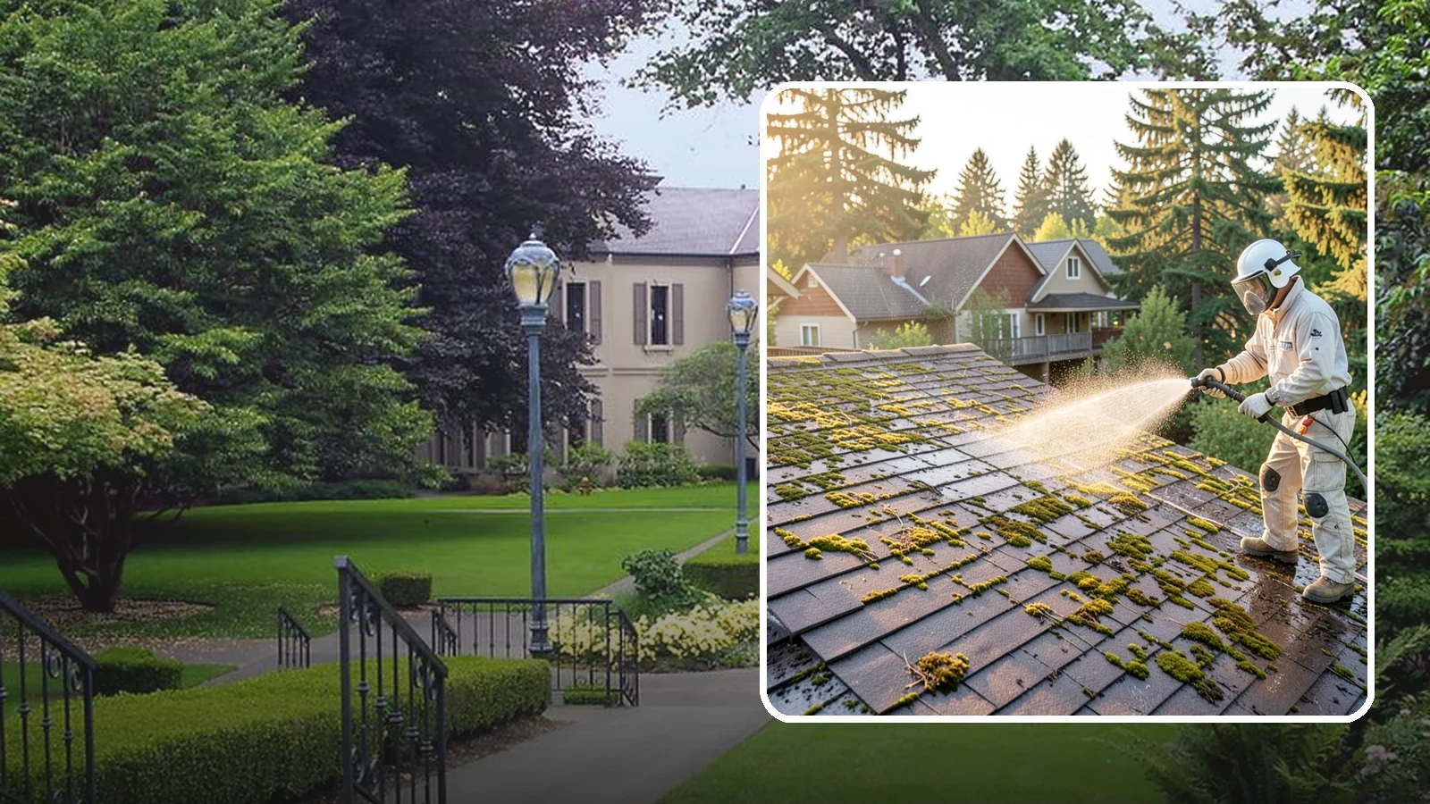 Roof Cleaning in Woodinville, King County, WA - A thorough roof cleaning that lifts moss, algae, and lichen off Washington rooftops while protecting the shingle surface.