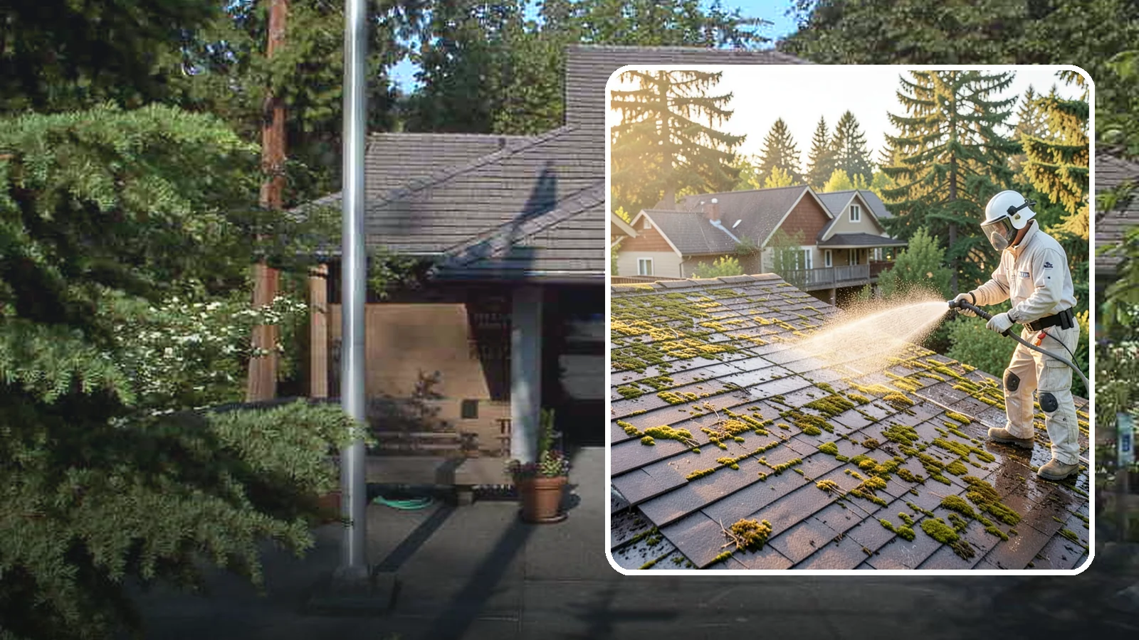 Roof Cleaning in Yarrow Point, King County, WA - A thorough roof cleaning that lifts moss, algae, and lichen off Washington rooftops while protecting the shingle surface.