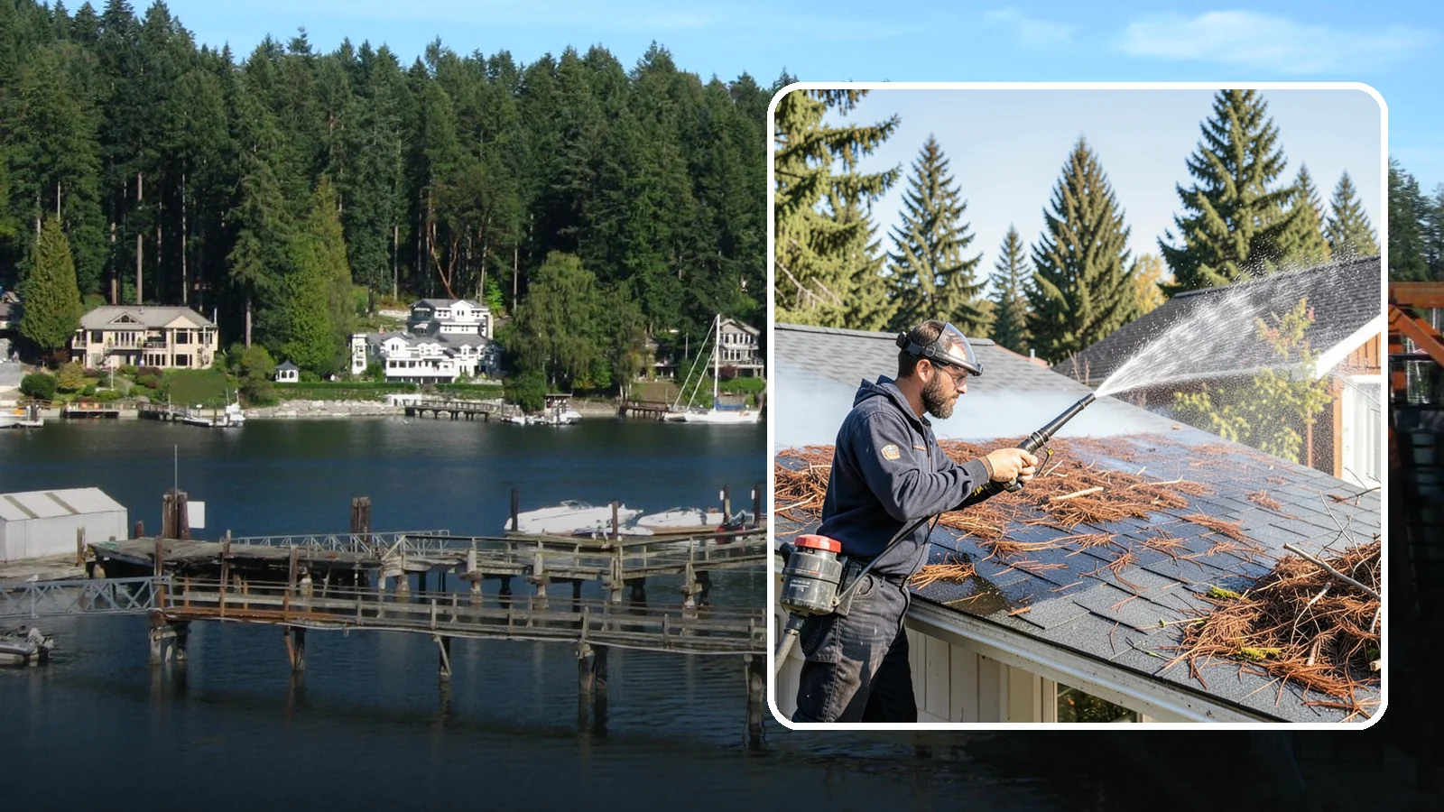 Roof Debris Removal in Gig Harbor, Pierce County, WA - Roof debris removal that clears needles, leaves, and branches that pile up under Washington's evergreen canopy.
