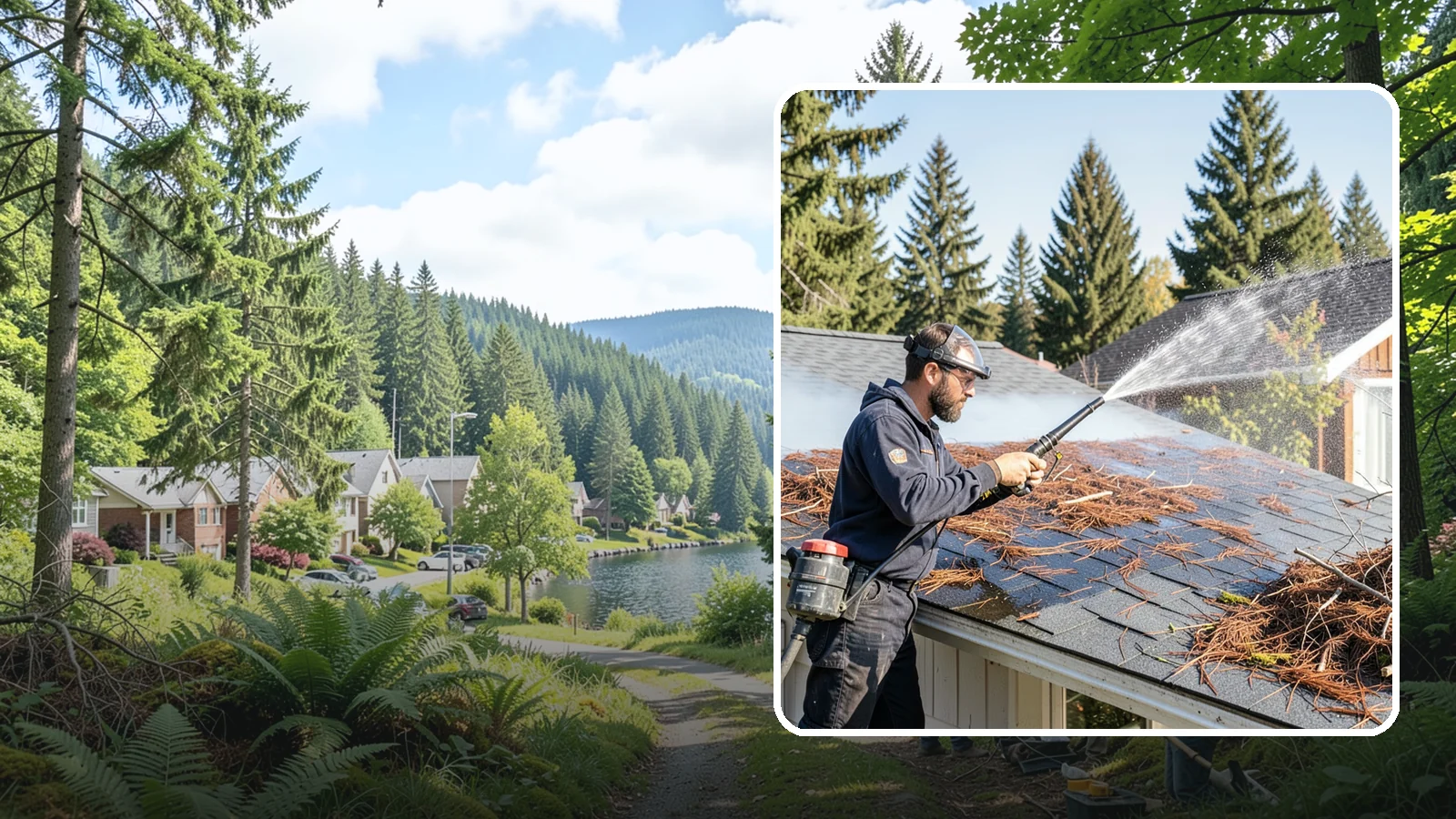 Roof Debris Removal in Lake Forest Park, King County, WA - Roof debris removal that clears needles, leaves, and branches that pile up under Washington's evergreen canopy.