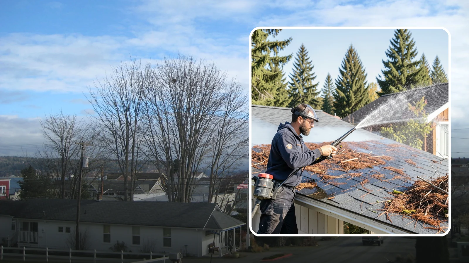 Roof Debris Removal in Langley, Island County, WA - Roof debris removal that clears needles, leaves, and branches that pile up under Washington's evergreen canopy.