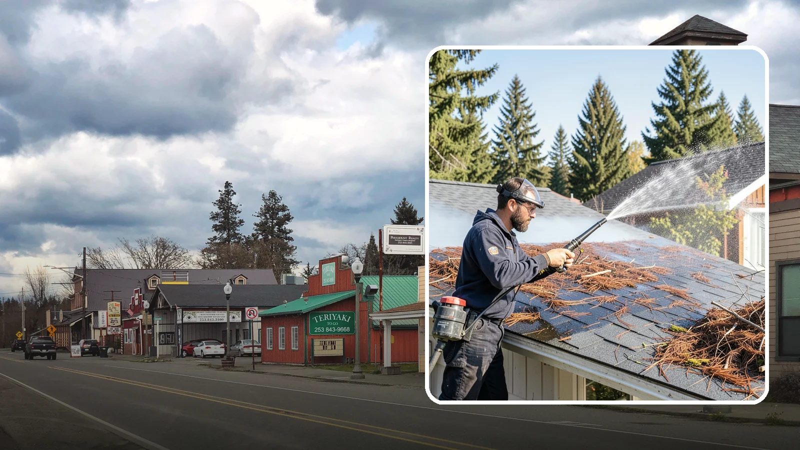 Roof Debris Removal in Roy, Pierce County, WA - Roof debris removal that clears needles, leaves, and branches that pile up under Washington's evergreen canopy.